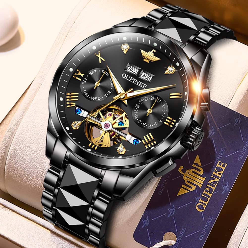 Premium OU PINKE Men's Automatic Skeleton Tourbillon Watch - Self-Winding Luxury Dress Watch with Sapphire Crystal Glass for Business & Formal Occasions | Perfect Gift for Professionals & Watch Collectors