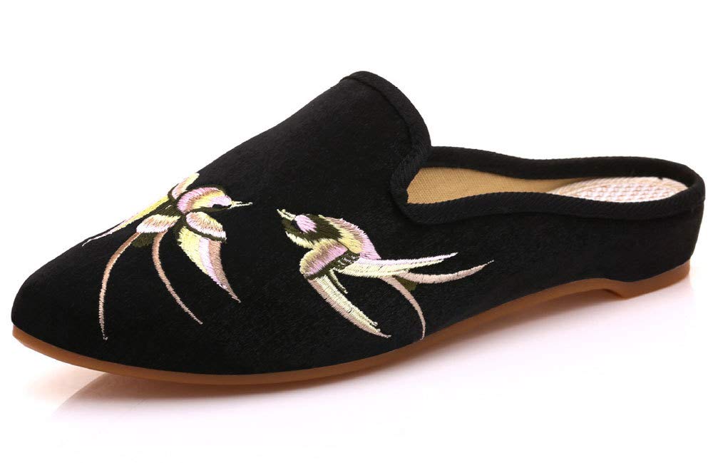 SAILING LU Women's Embroidered Clogs - Comfortable Black Pointed Toe Mule Slippers for Casual Wear & Outdoor Use | Perfect for Home, Office, and Light Walking