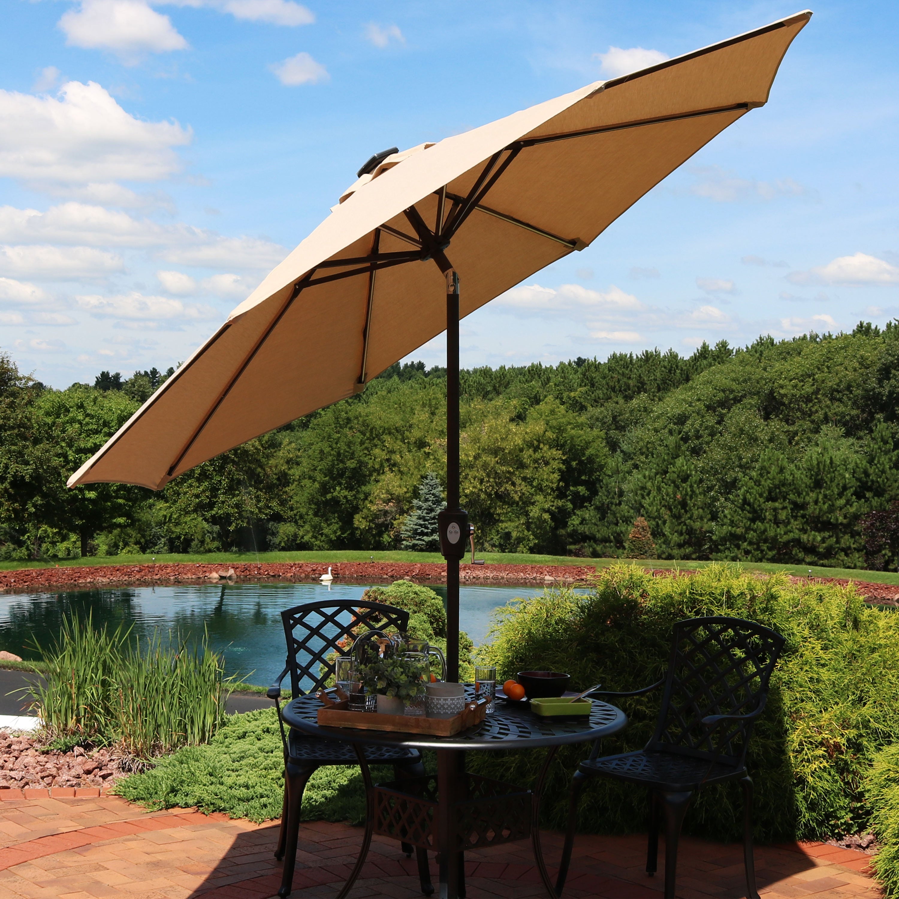 Sunnydaze 9 Foot Solar Sunbrella Patio Umbrella with Push Button Tilt & Crank - Perfect for Poolside, Backyard, and Outdoor Dining Areas
