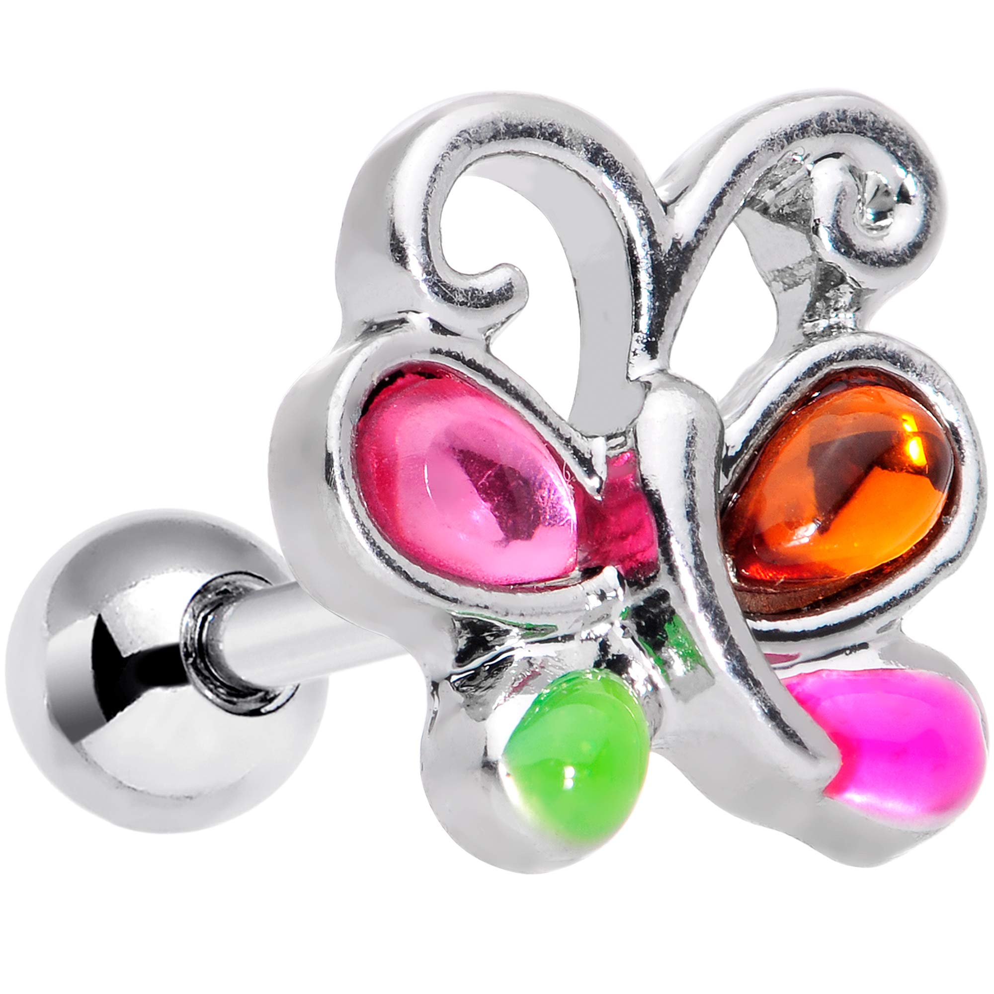 16G Stainless Steel Pink & Orange Butterfly Cartilage Earring - Tragus & Helix Jewelry for Women - 1/4