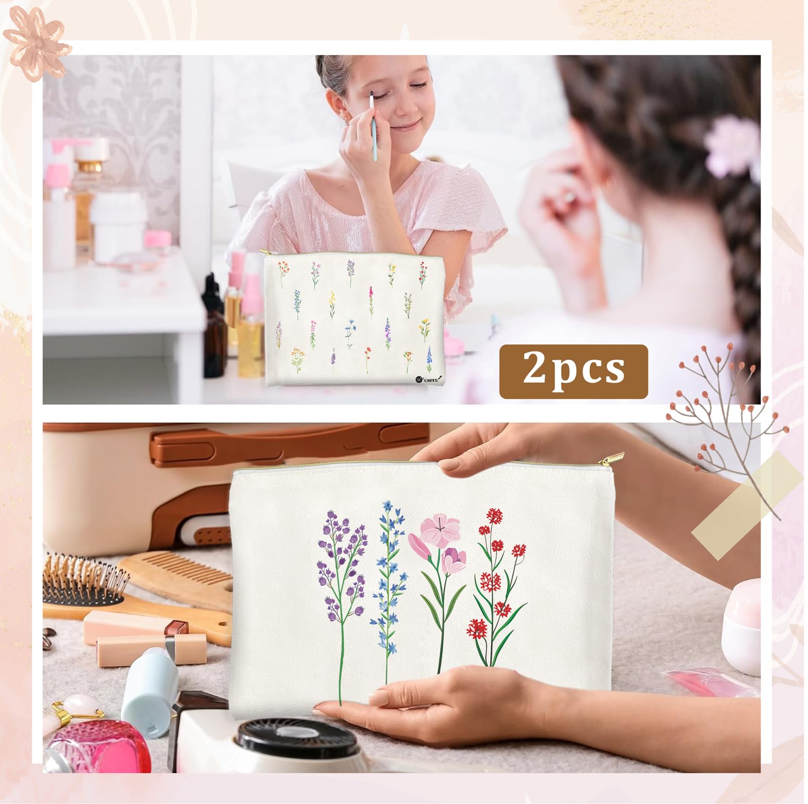 Floral Makeup Bag for Women - Aesthetic Flower Canvas Cosmetic Pouch with Zipper | Small Travel Toiletry Organizer | Perfect Gift for Her, Wildflowers Design | Great for Daily Use, Travel, and Makeup Storage