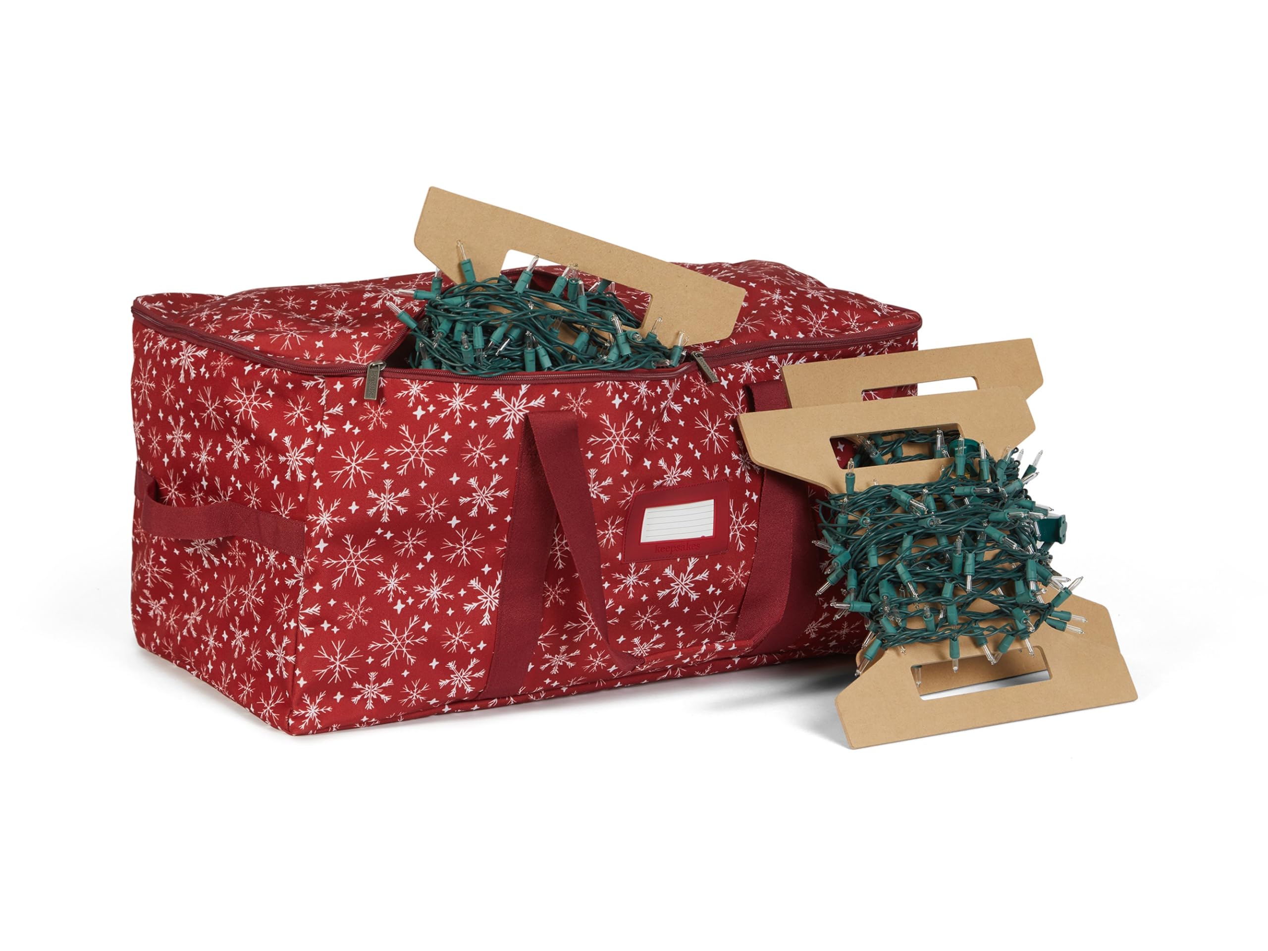 Covermates Keepsakes Christmas Light Storage Bag with Carrying Handles & ID Window - Holiday Decoration Organizer for Xmas Lights, Ornaments - Red Snowflake Design - Perfect for Seasonal Storage & Home Organization