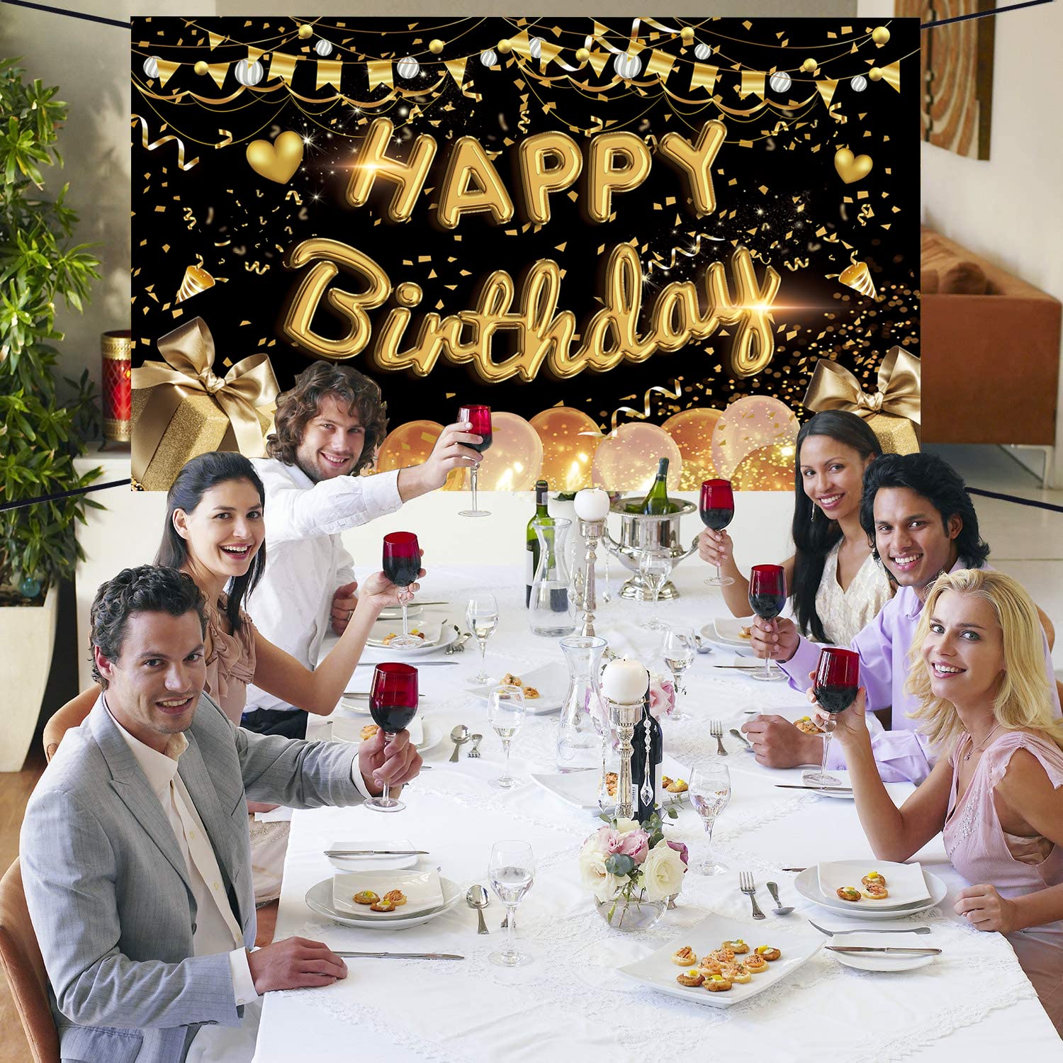 Extra Large Happy Birthday Backdrop Banner - 71 x 43.3 Inch Black Gold Fabric Sign for Photo Booth, Party Decorations | Perfect for Men & Women Birthday, Anniversary Celebrations | Great Gift Idea for Party Supplies