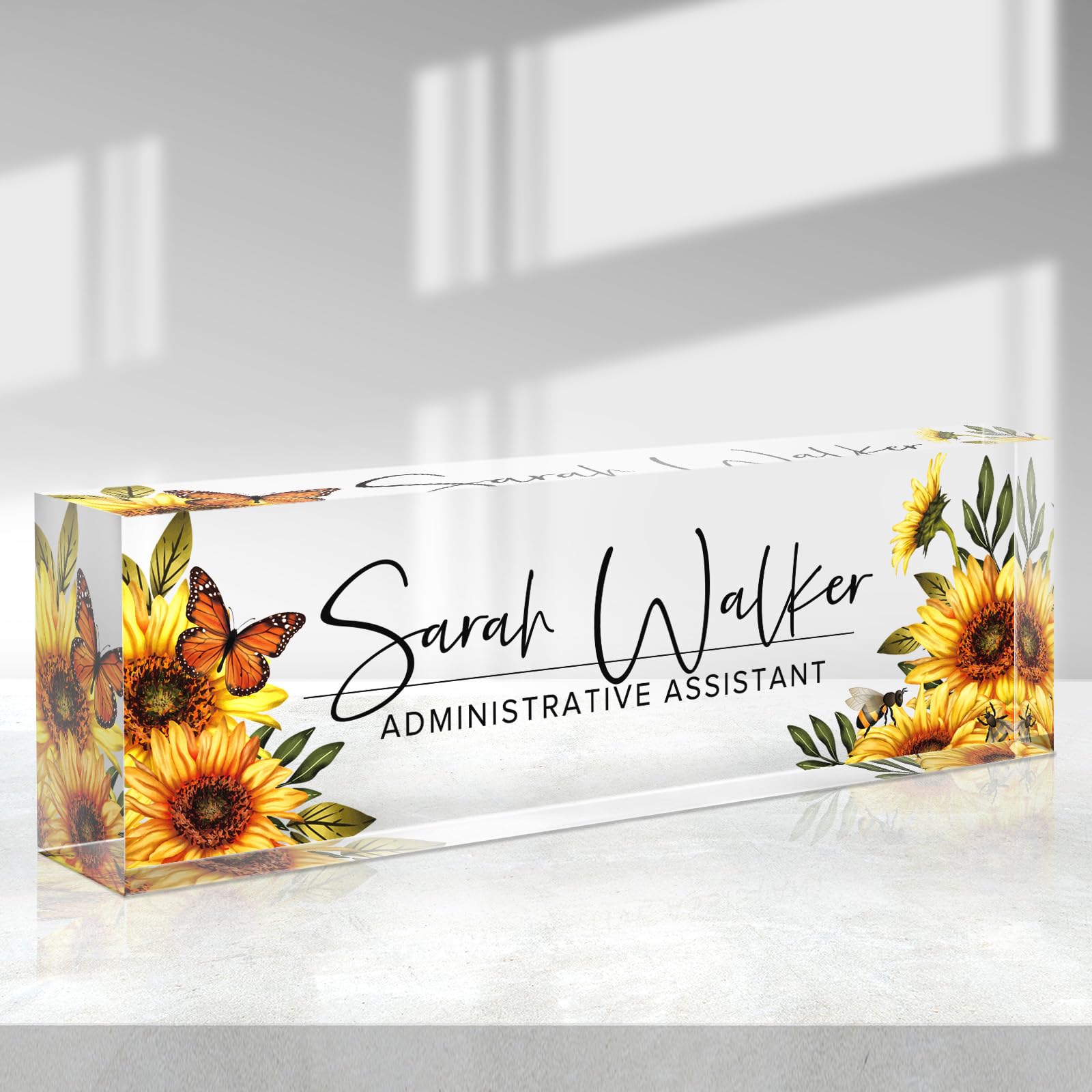 Personalized Acrylic Desk Name Plate - Custom Office Name Sign for Coworkers, Employees, Teachers & Boss - Unique Appreciation Gift & Office Decor for Women & Men (Sunflowers Design) - Perfect for Workstations, Desks, Reception Areas & Corporate Gifts