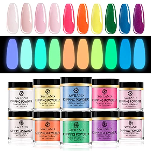 Saviland 10 Colors Glow in the Dark Dipping Powder Set - UV Reactive Nail Dip Powder Kit for DIY French Manicure & Nail Art at Home or Salon, No LED Lamp Needed | Perfect for Halloween, Parties & Night Events