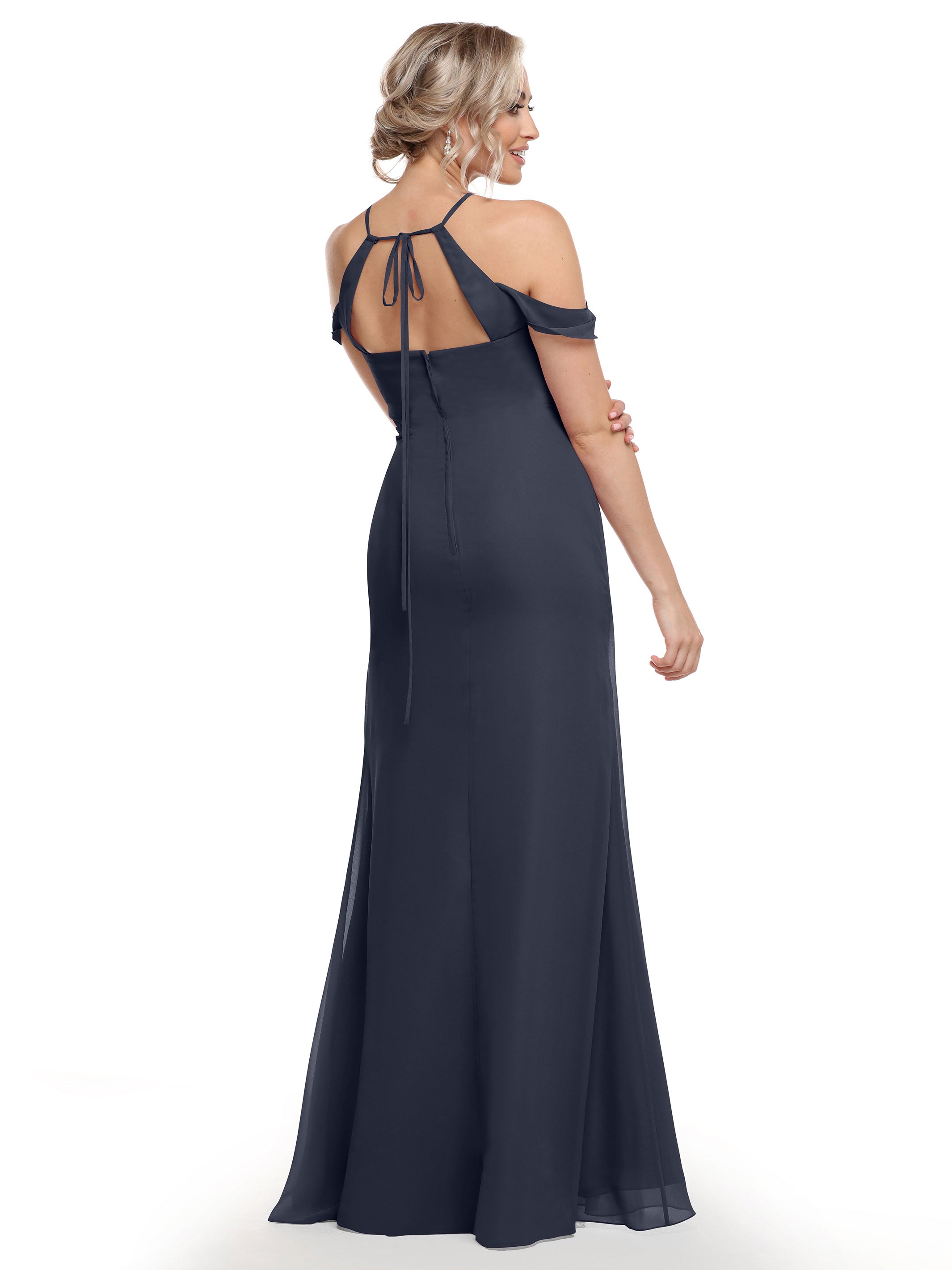 Elegant Off-The-Shoulder Chiffon Bridesmaid Dress with Halter Neckline - Perfect for Weddings, Prom & Formal Events | Style 80148
