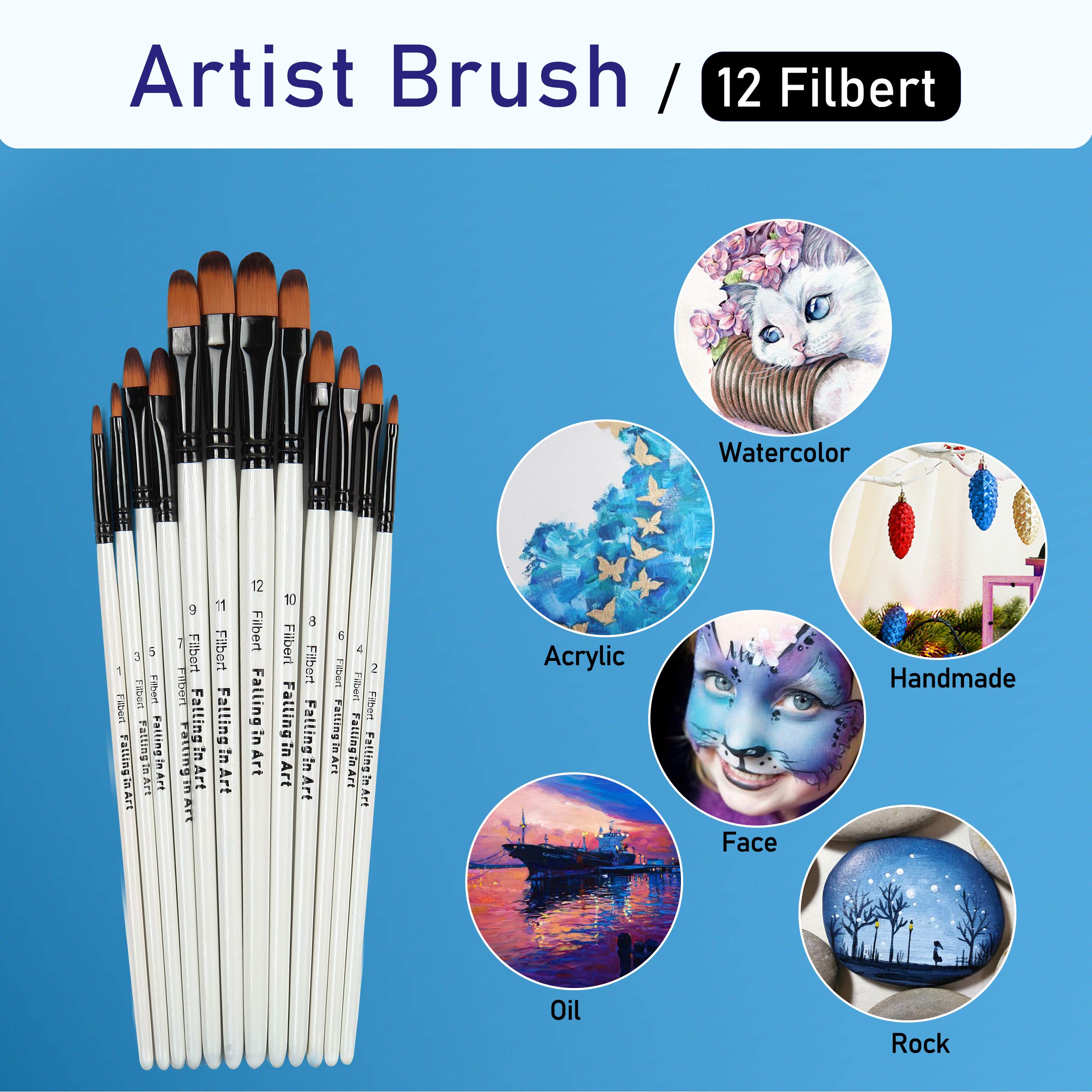 12-Piece Professional Nylon Filbert Paint Brush Set for Watercolor, Oil, Acrylic - Ideal for Face/Body Art, Nail Design, Rock Painting & DIY Crafts
