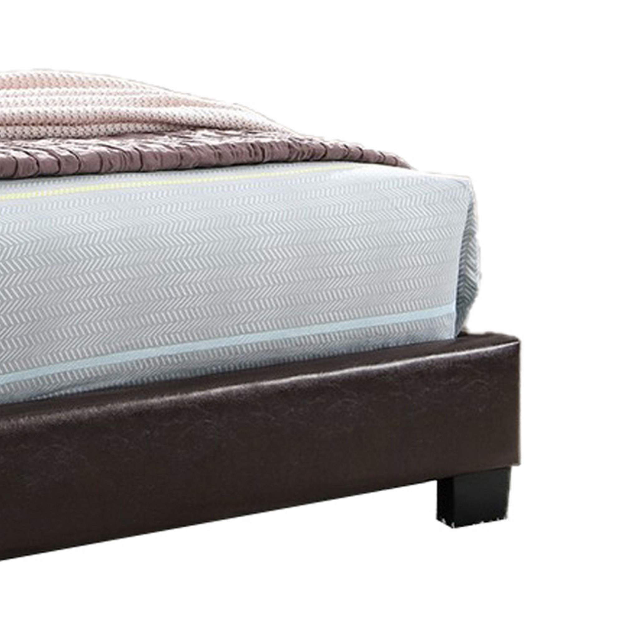 Benjara Transitional Style Leatherette Queen Size Bed Frame with Padded Headboard - Brown Faux Leather Upholstered Platform Bed - Perfect for Master Bedroom, Guest Room or Apartment