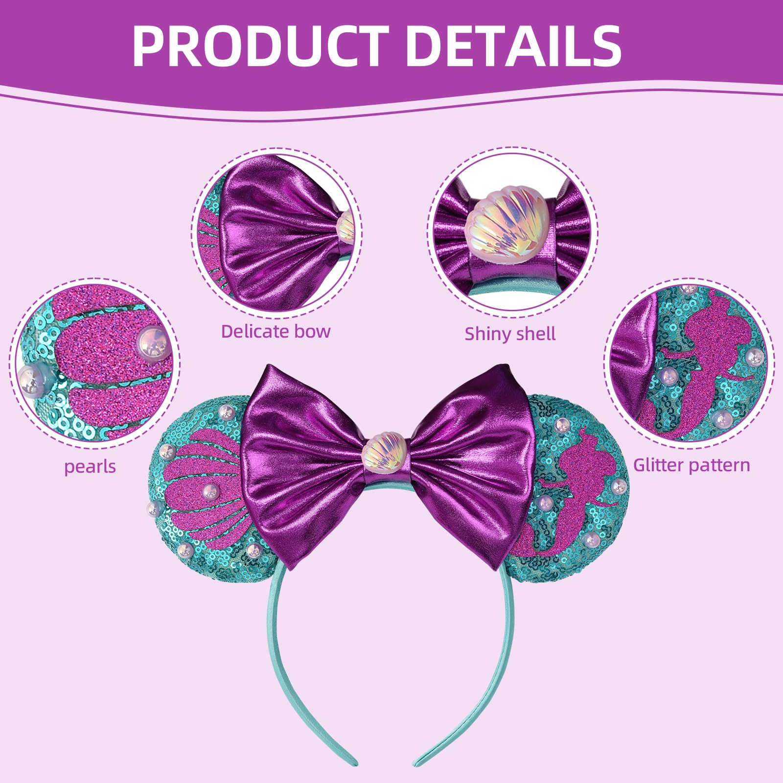 Ariel Little Mermaid Minnie Ears Headband - Sparkling Purple Sequin Bow Hairband for Disney Cosplay, Princess Party, Halloween Costume & Theme Park Accessories