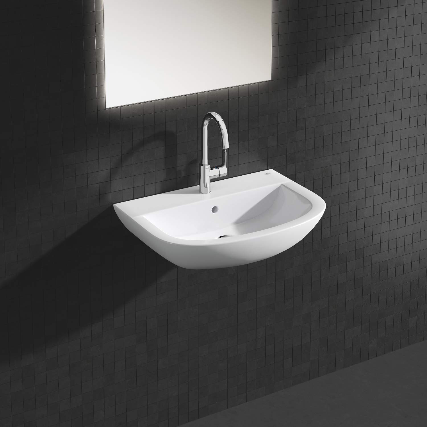 GROHE BauEdge Basin Mixer Faucet with Pop-Up Waste - Single Lever Bathroom Sink Faucet in Brushed Nickel Finish for Modern Vanities and Powder Rooms