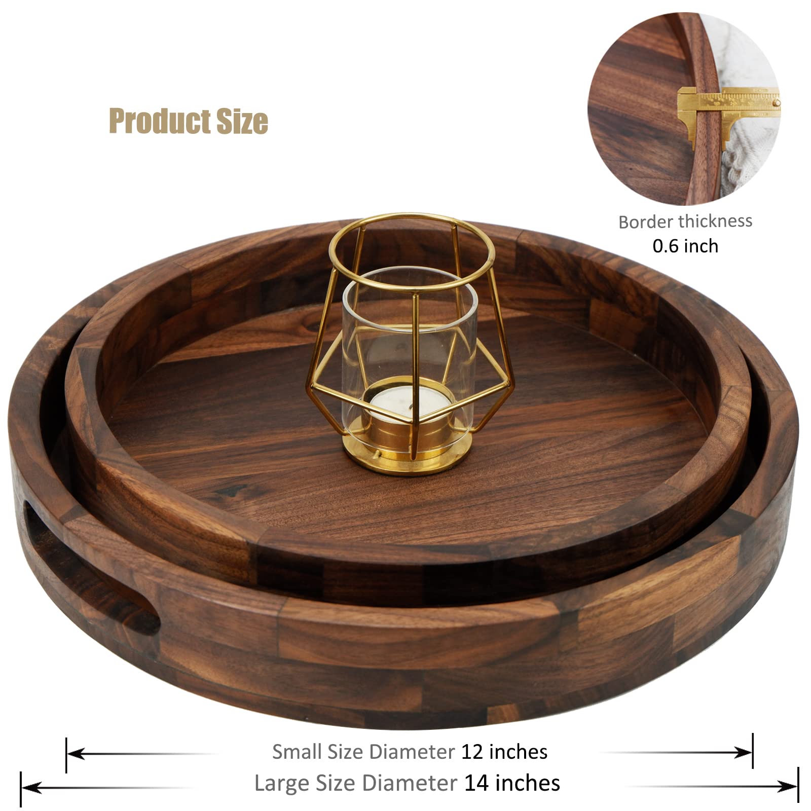 Set of 2 Large Round Black Walnut Wood Ottoman Trays with Handles - 14 & 12 Inch Classic Wooden Serving Tray for Tea, Coffee & Decor - Perfect for Living Room, Bedroom & Coffee Table Use