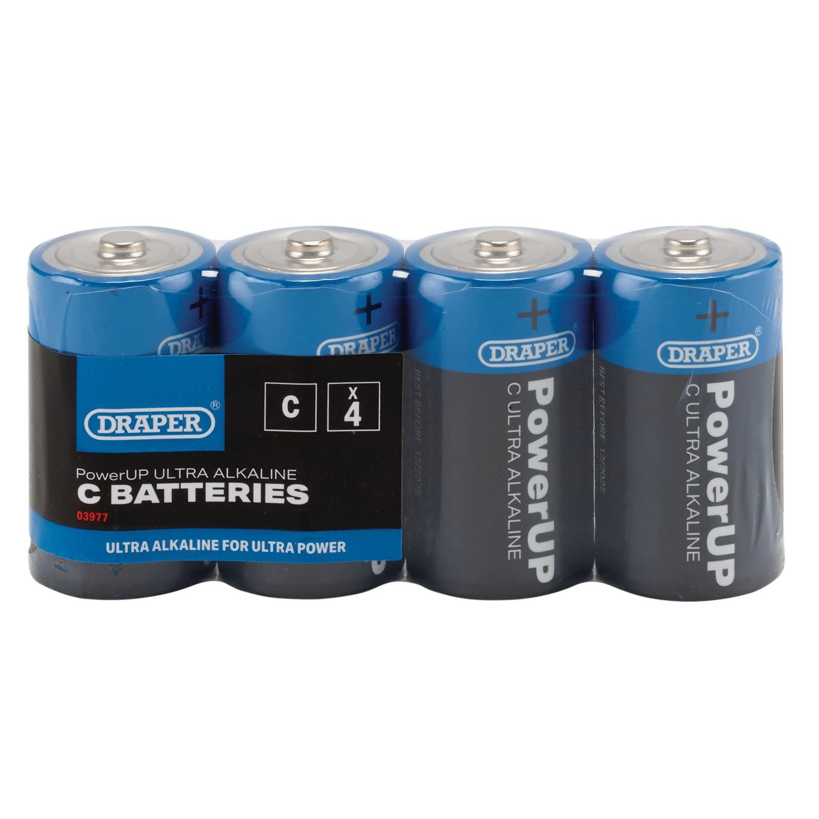 Draper 03977 PowerUP Ultra Alkaline C Batteries (4-Pack) - Long-Lasting Power for Flashlights, Toys, and Electronic Devices