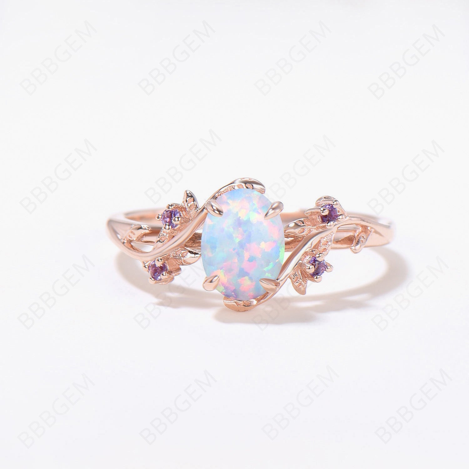Oval White Opal Engagement Ring with Rose Gold Band - Nature Inspired Leaf Design Bridal Set, Alexandrite Accent Ring & Wedding Enhancer Guard - Perfect for Proposals, Anniversaries & Boho Chic Bridal Jewelry