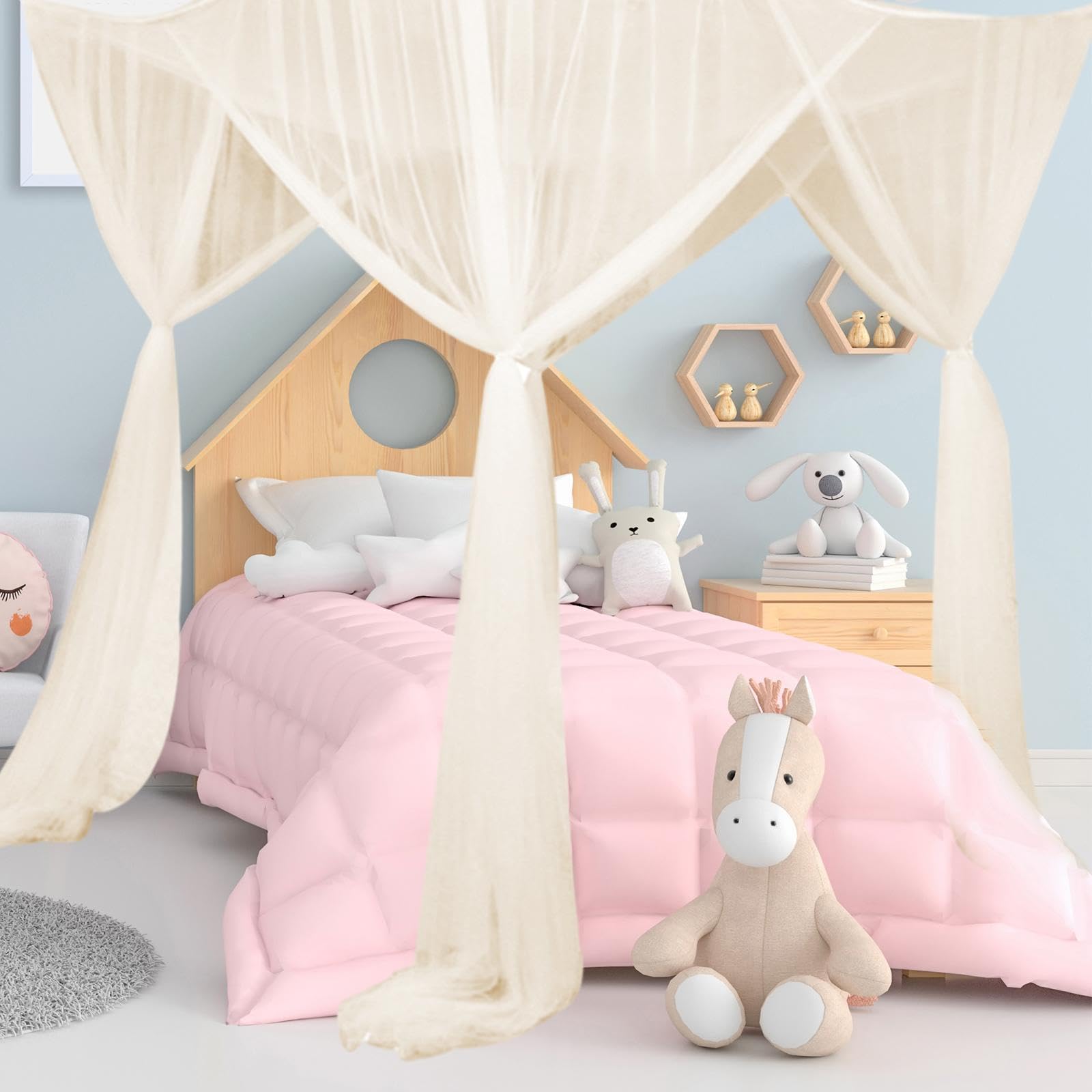 BESGA 4 Corner Post Bed Canopy Net - Elegant Hanging Bed Tent for Kids & Adults - Beige Bed Curtains for Girls' Rooms & Home Decor - Perfect for Nursery, Bedroom & Sleepovers