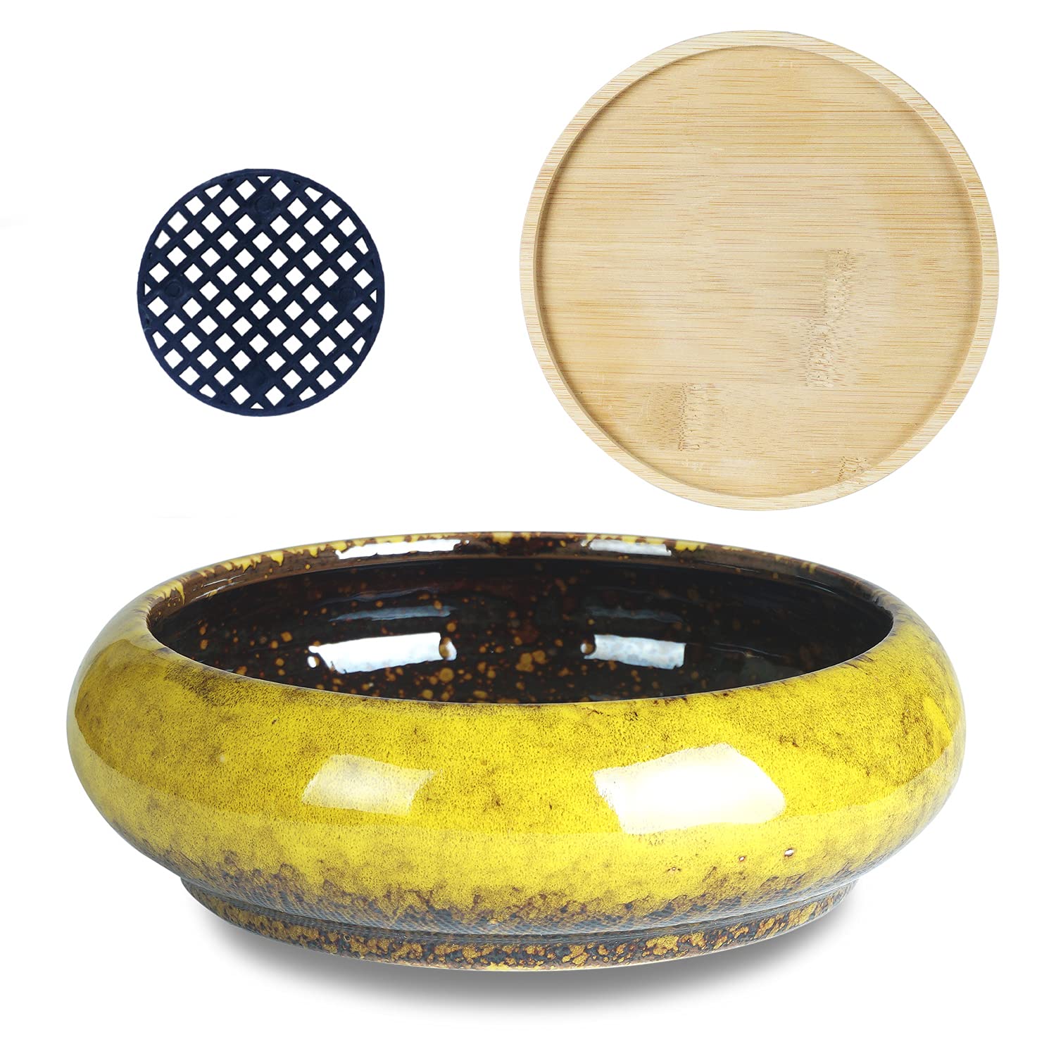ARTKETTY 7.3 Inch Large Ceramic Succulent Pots with Drainage & Bamboo Tray - Shallow Bonsai Planters for Indoor Cactus, Aloe Vera, Small Plants - Perfect for Home Office Desk Decor, Windowsill Garden, Gift Idea