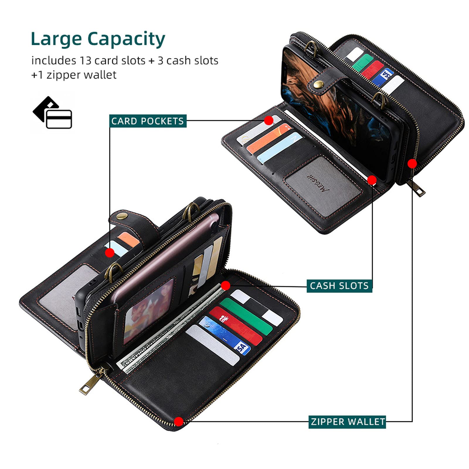 Premium Magnetic Wallet Case for iPhone 13 Mini/Pro/Pro Max - 2-in-1 Protective Cover with 13 Card Slots, 3 Cash Pockets & Zippered Coin Compartment | Secure Magnetic Closure | Ideal for Travel, Work & Everyday Use (Blue)