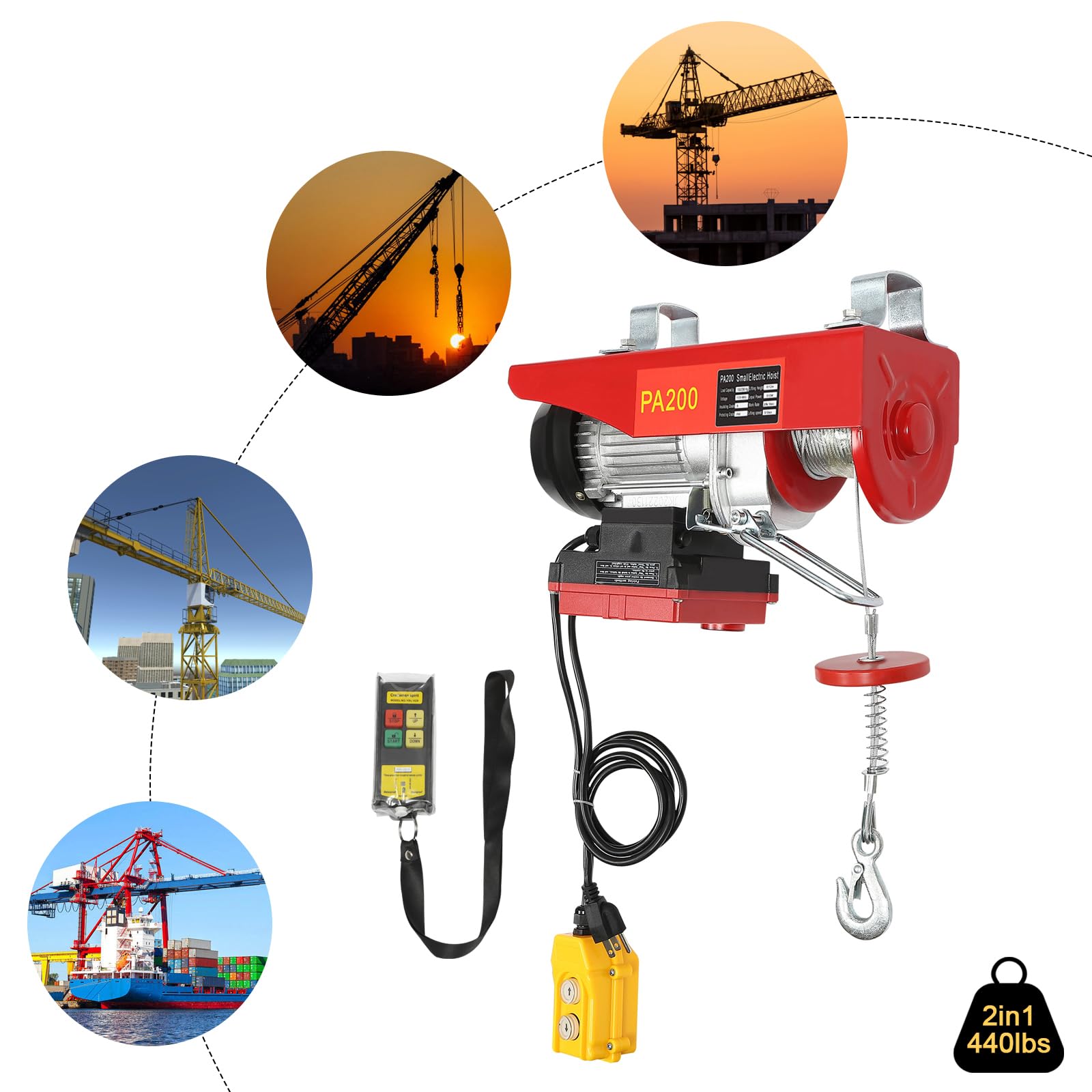 440LBS Electric Hoist with Wireless Remote Control - 510W Steel Electric Winch for Factory, Warehouse & Construction Lifting - Single/Double Slings 110V Electric Lift for Heavy Duty Material Handling