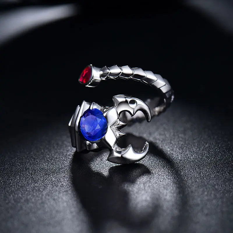 14K White Gold Scorpion Ring with Blue Sapphire & Red Ruby - Elegant Jewelry for Women, Unique Gift for Birthdays & Anniversaries