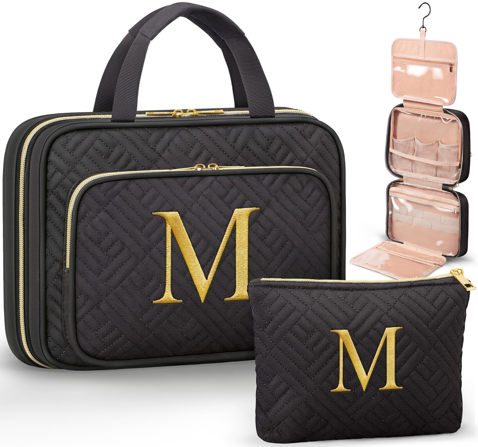 Personalized Initial Hanging Toiletry Bag & Makeup Bag Set - 2 PCS Embroidered Letter Travel Organizer Cosmetic Bags for Women | Perfect Birthday, Easter Gift for Mom, Wife, Sister, Friend, Teacher | Great for Travel, Vacation, Gym & Daily Use