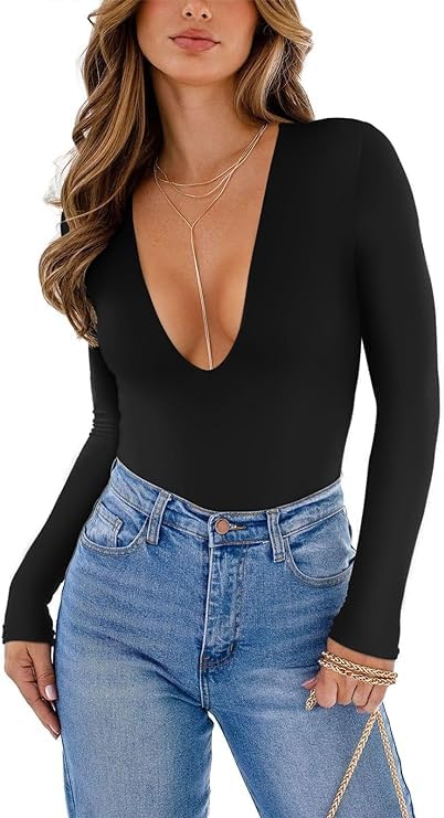 Sexy Plunge Deep V Neck Slim Fit Long Sleeve Bodysuit for Women - Double Lined Stretchy T-Shirt - Perfect for Club Wear, Date Night & Going Out Outfits