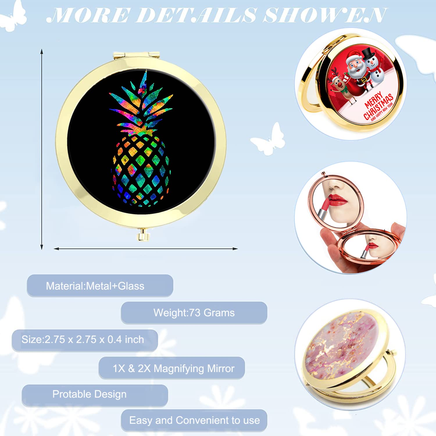 Compact Travel Makeup Mirror for Women - Round Portable Folding Double Sided Handheld Pocket Mirror, Mini Golden Black Pineapple Design - Perfect for Handbag, Purse, On-the-Go Touch Ups & Travel Essentials