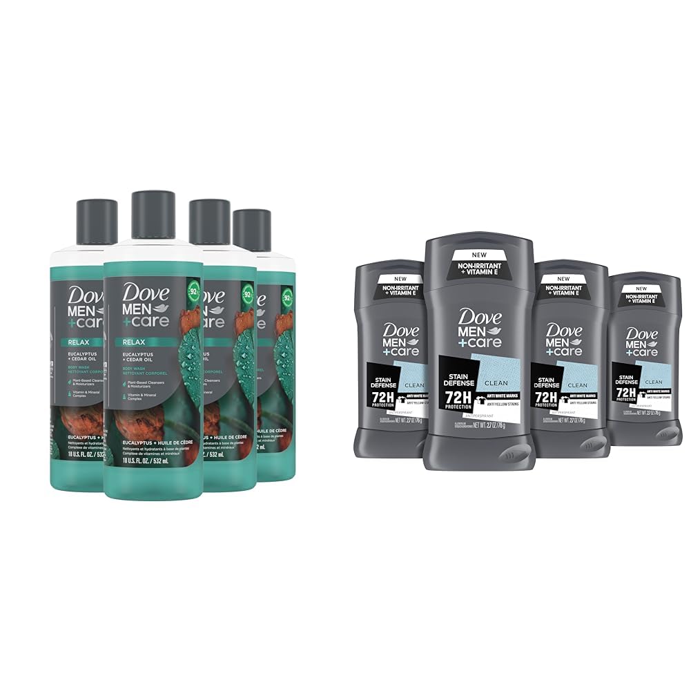 DOVE MEN + CARE Eucalyptus Cedar Body Wash for Men - 18 Fl Oz (Pack of 4) & 72-Hour Anti-Stain Invisible Deodorant - Refreshing Shower Experience for Active Lifestyles - Gym, Workout & Daily Use