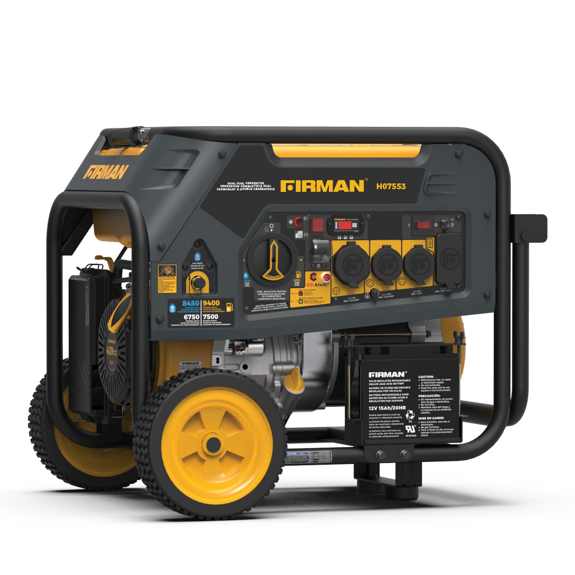 9400W Dual Fuel Portable Generator with Electric Start & CO Alert - 120/240V for Camping, Home Backup & Outdoor Power (Gas/Propane)
