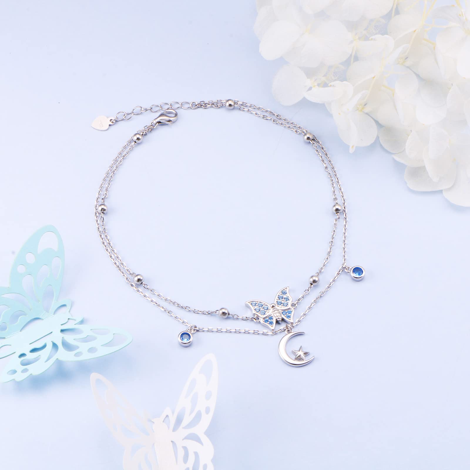 HOOHWE Sterling Silver Ankle Bracelets for Women - Adjustable Double Layered Anklet Beach Jewelry Gift for Teens & Girls | Perfect for Summer Vacations, Weddings, and Boho Fashion Accessories