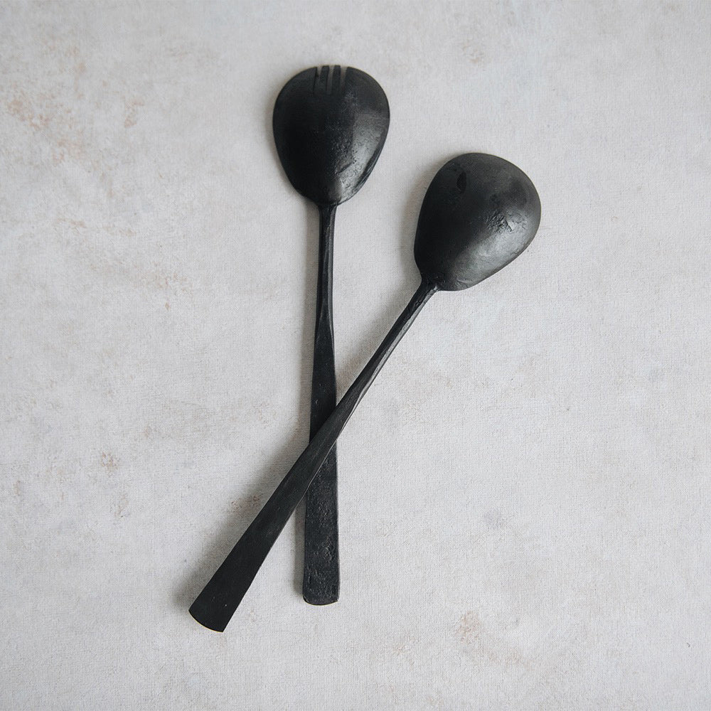 Hand-Forged Rustic Serving Utensil Set - 3-Piece Wooden Kitchen Tools for Cooking, Serving & Entertaining - Perfect for Farmhouse Dining, BBQ Parties & Holiday Gatherings