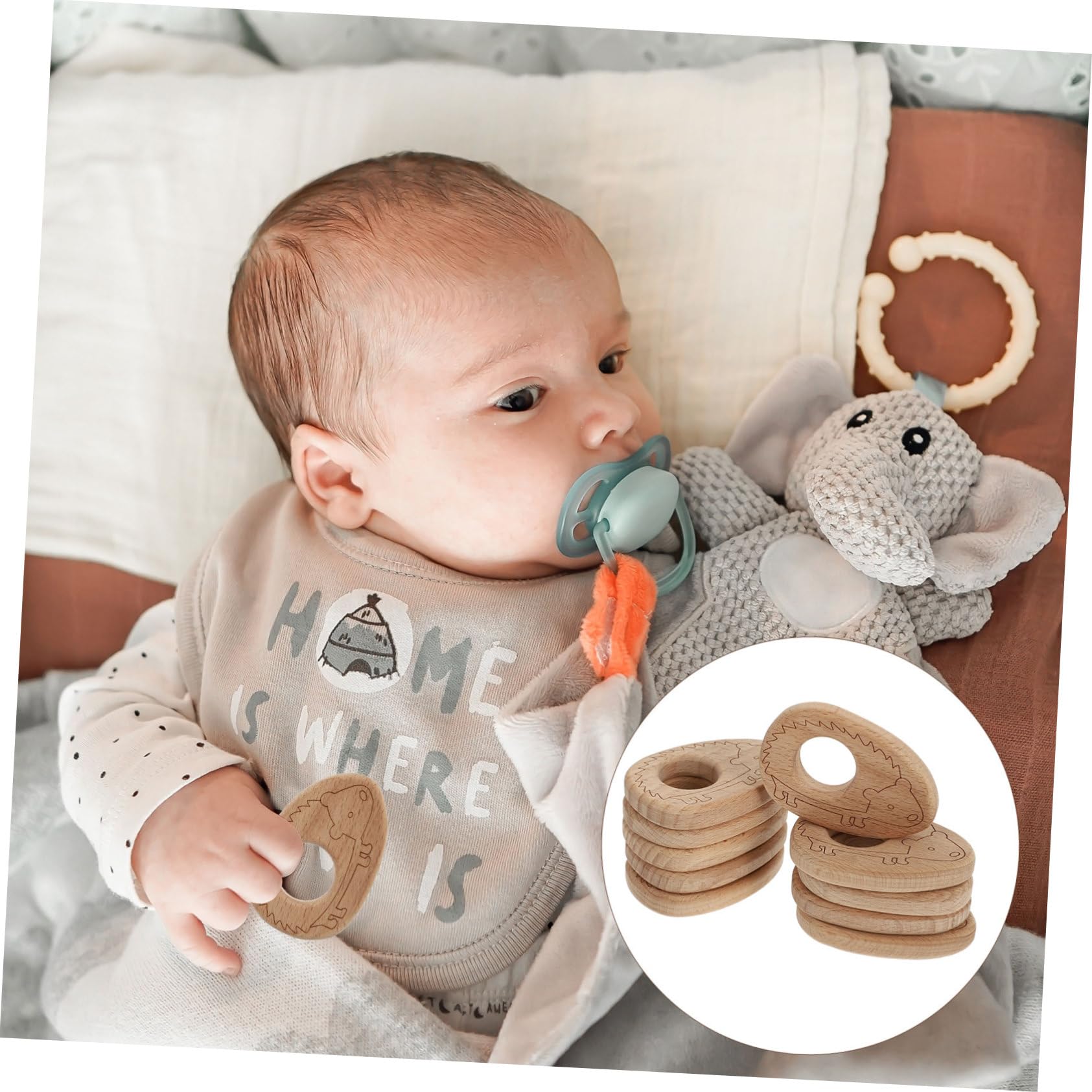 Anneome 10pcs Natural Wooden Teething Pendant Play Gym Toy - Safe Baby Teether & Sensory Toy for Infants & Toddlers - Perfect for Crib, Stroller, and Playtime (Beech Wood)