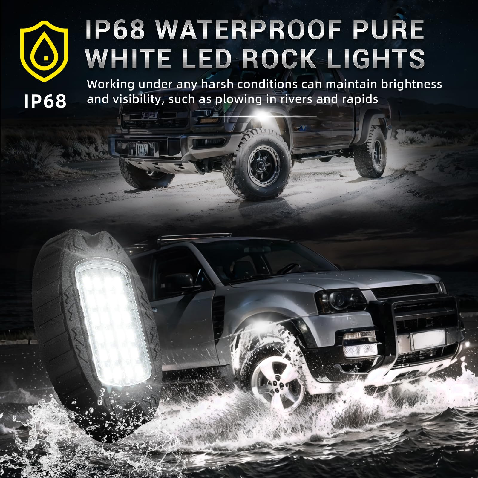 16 Pods Alloy Pure White LED Rock Lights Kit - IP68 Waterproof & Shockproof, 6500K Super Bright for Semi Trucks, Sedans, Trailers, Offroad Pickups - Underglow Neon Lighting with Extension Wires - Perfect for Night Driving, Car Shows & Off-Road Adventures