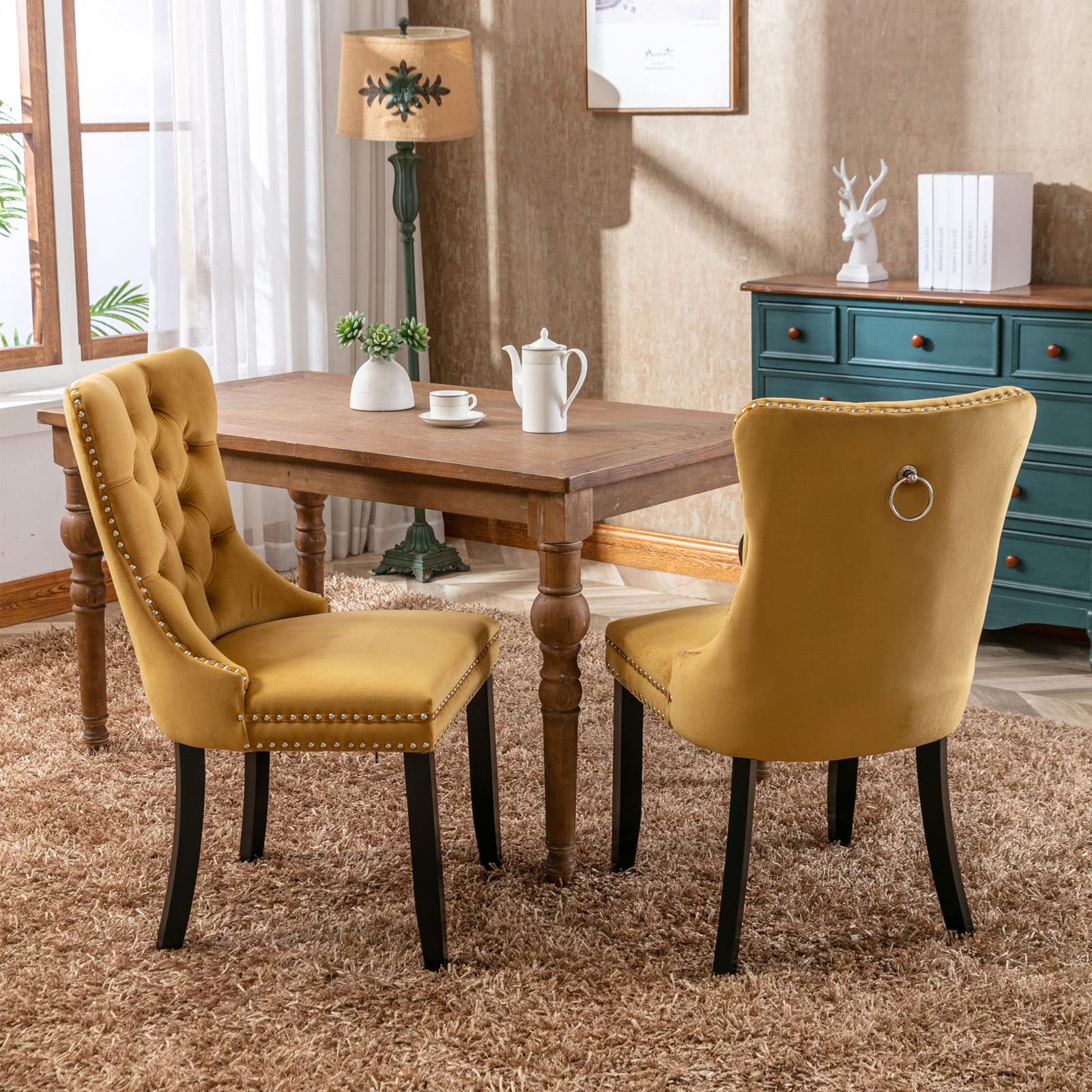 Luxury Velvet Upholstered Dining Chairs Set of 2 - Gold Button Tufted Accent Chairs with Nailhead Trim & Ring Pull Back for Elegant Dining Room Decor | Perfect for Home, Restaurant, and Office Use