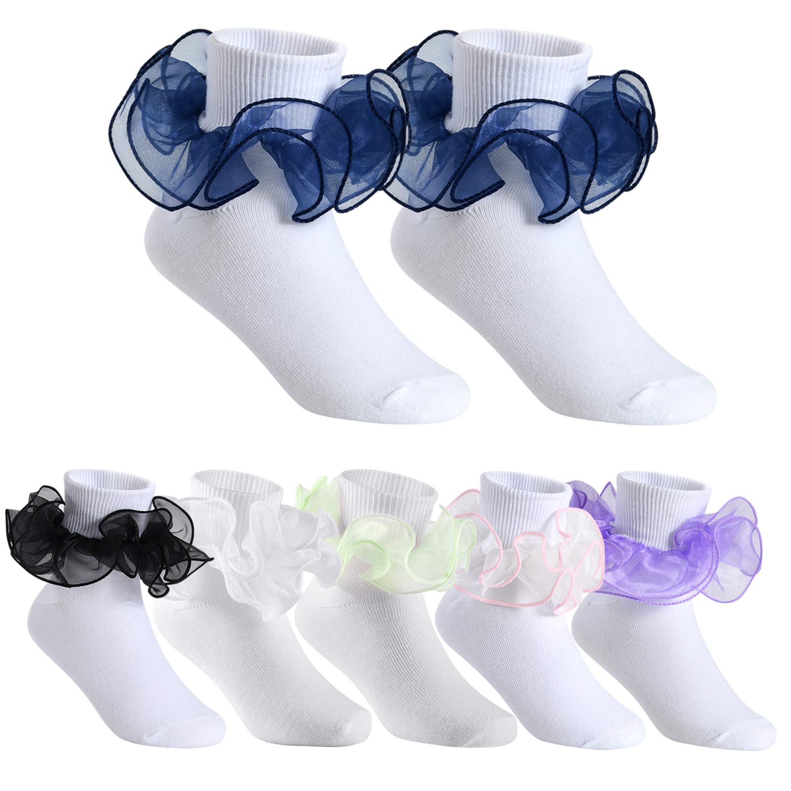 Cute Little Girls Big Ruffle Socks - 6 Pairs Double Lace Frilly Dress Socks for Toddler & Kids - Perfect for Parties, Dresses, and Special Occasions
