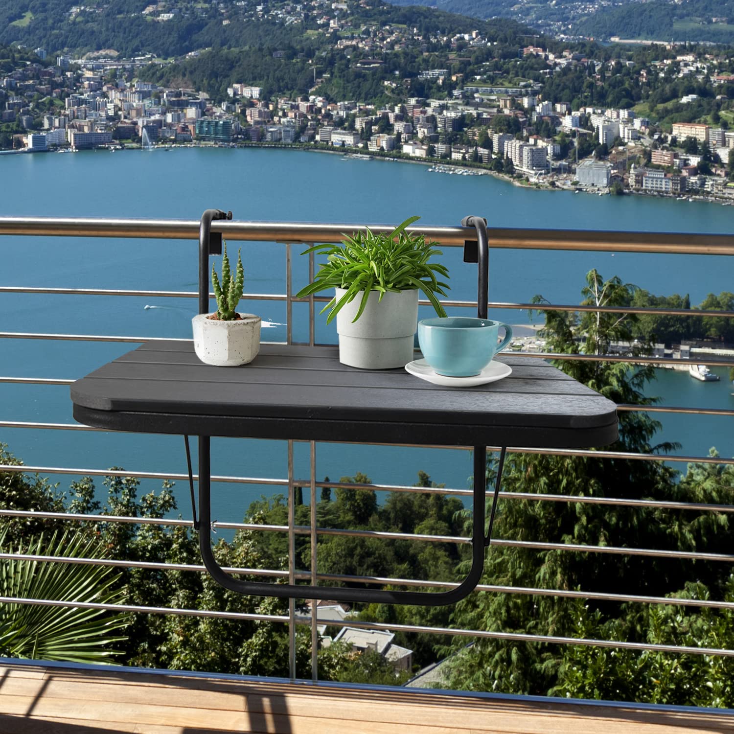 **Balcony Railing Table - Outdoor Hanging Folding Bar Table for Railings, Patio & Deck - Adjustable Aluminum Metal Side Table (23.6