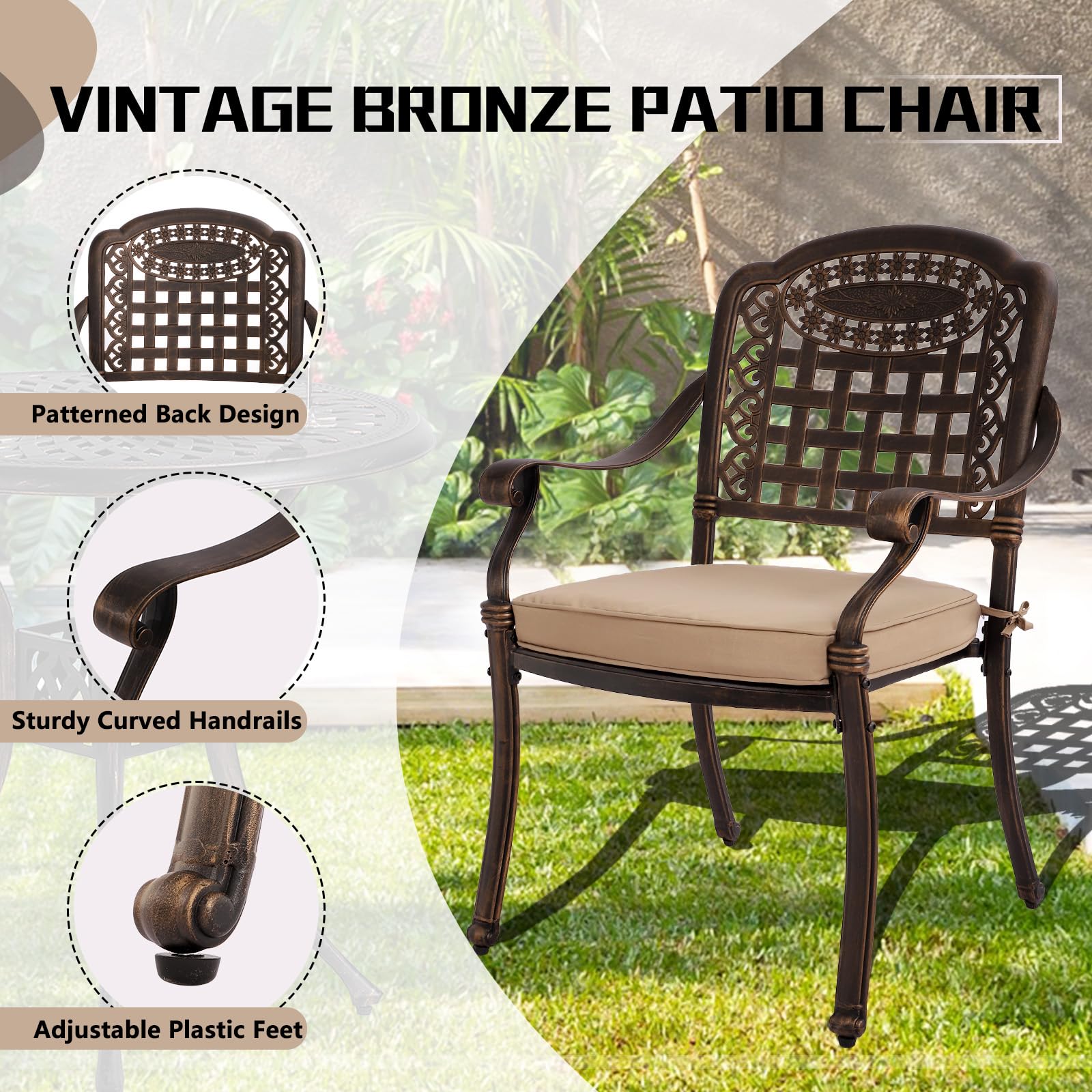 Magic Union 2-Piece Patio Dining Chair Set - Durable Outdoor Cast Aluminum Armchairs with Khaki Cushions for Garden, Backyard & Deck | Perfect for Outdoor Dining, Lounging & Entertaining