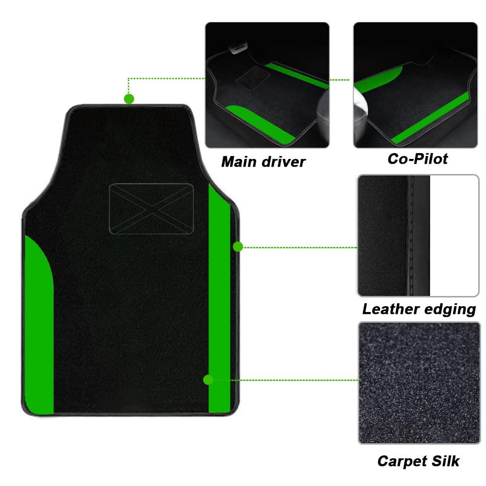 Premium Universal Car Carpet Floor Mats - 4-Piece Set for SUVs, Trucks, Sedans & Vans | All-Weather Protection (Black with Green Trim) | Perfect for Daily Commutes, Road Trips & Family Adventures