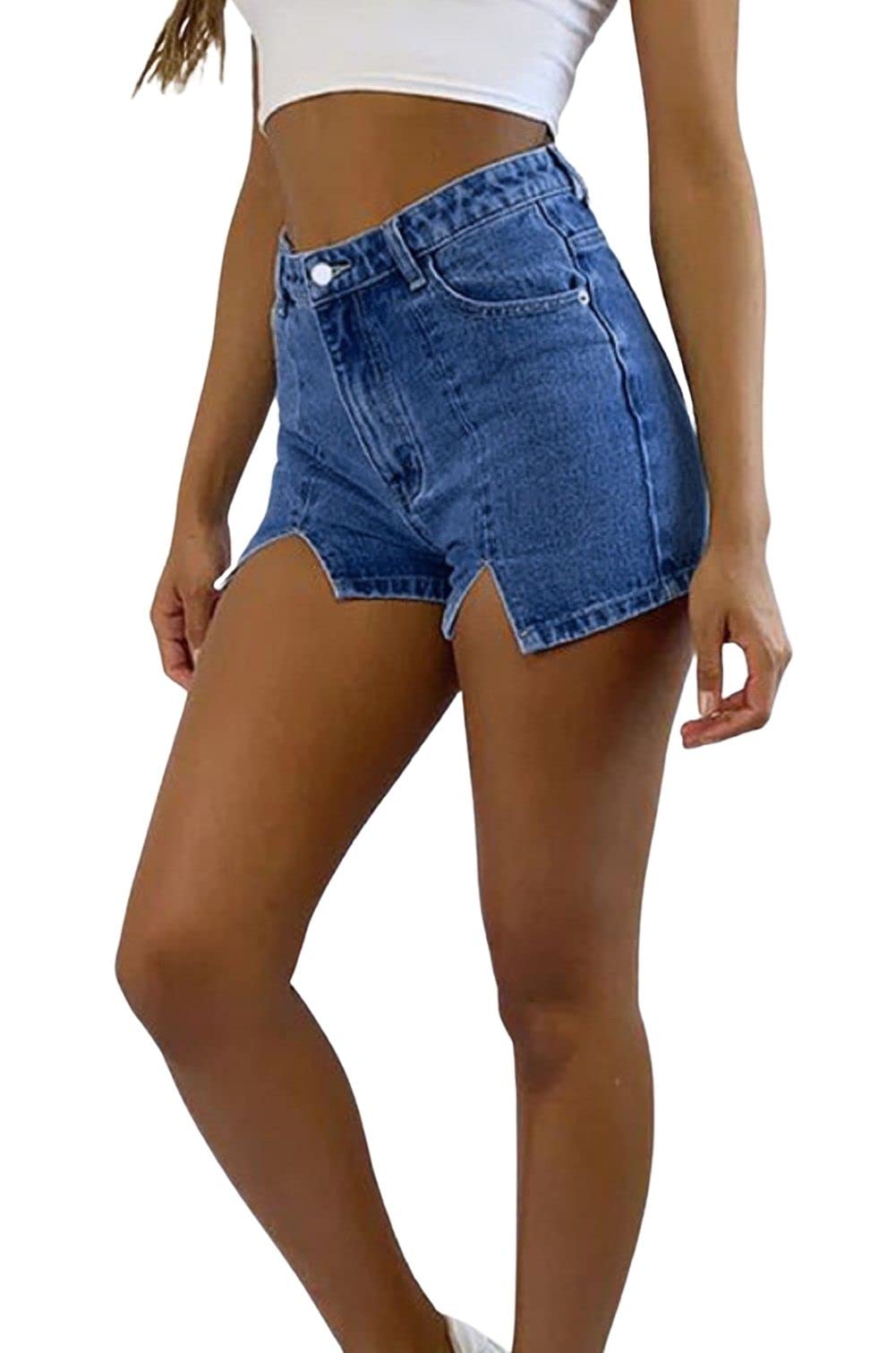 CHARTOU Women's High Waist Stretch Denim Shorts - Slim Fit Mini Jean Shorts with Front Slit | Perfect for Summer, Beach, and Casual Outfits