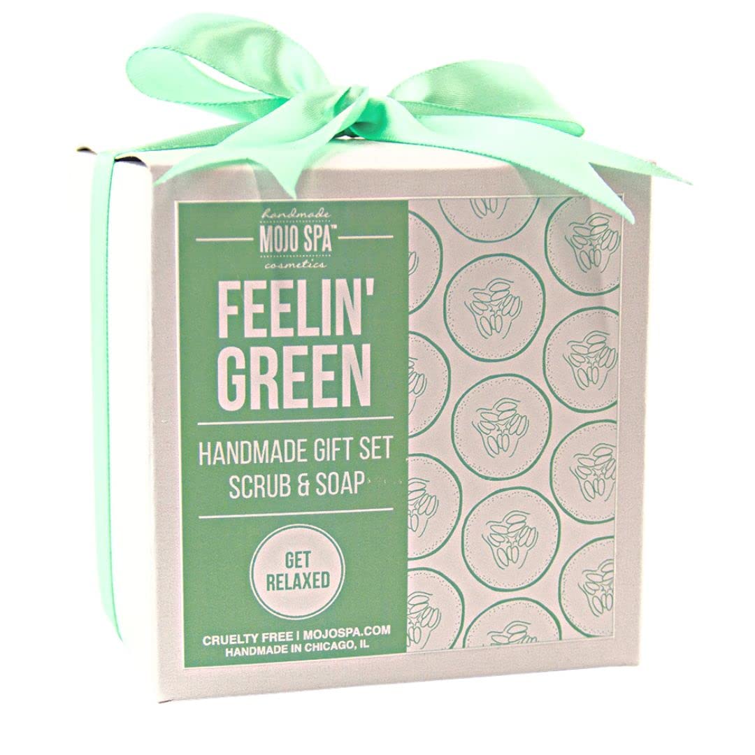 Mojo Spa Feelin Green Small Gift Set - 2 Handmade Natural Bath & Body Products with Face Scrub & Body Soap | Organic Skincare Set for Women, Relaxing Spa Day at Home, Birthday Gift Idea
