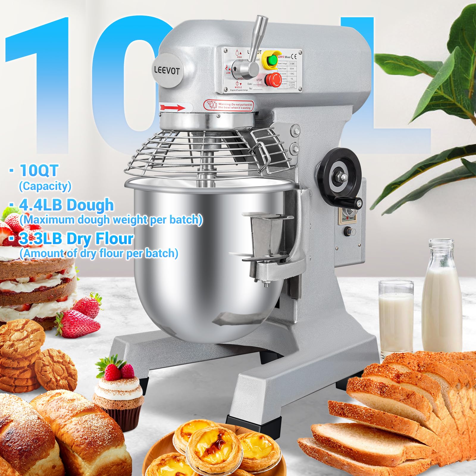500W 10 Qt Commercial Food Mixer with 3-Speed Adjustment & Timer - Heavy Duty Stainless Steel Dough Mixer for Bakeries, Pizzerias, Restaurants & Catering Businesses - Perfect for Kneading Bread, Pizza Dough & Baking Pastries