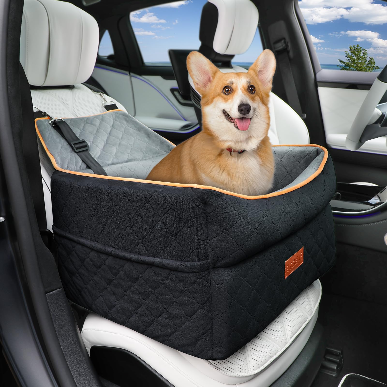 **Memory Foam Dog Booster Car Seat for Small & Medium Dogs (0-35 lbs) - Anti-Slip Pet Travel Bed with 2 Adjustable Leashes & Storage Pockets - Perfect for Road Trips & Daily Commutes**