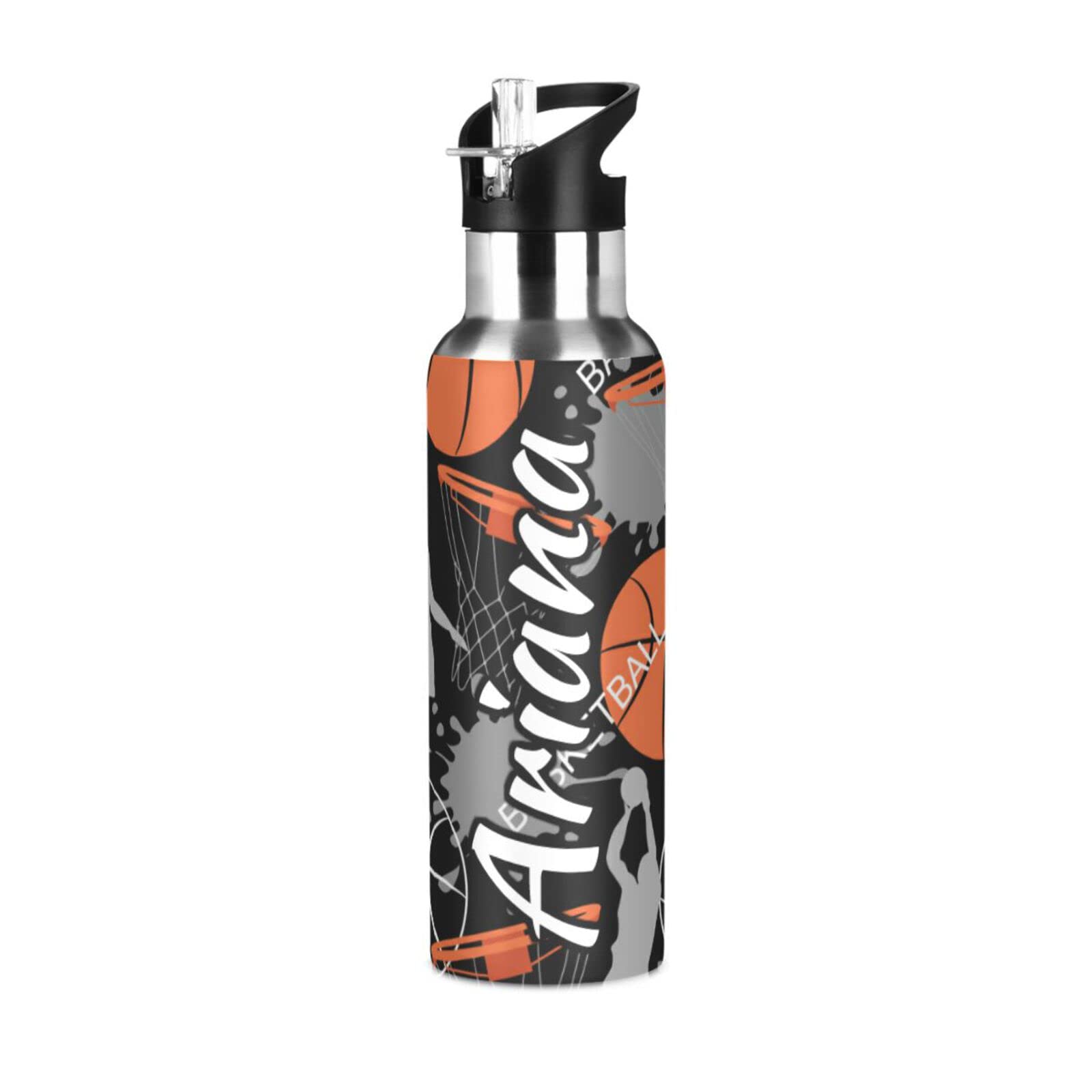 Custom Personalized 20oz Stainless Steel Insulated Water Bottle with Straw Lid - Double Wall Vacuum Basketball Sports Bottle for Travel, Gym & Outdoor Activities | Leakproof & Durable
