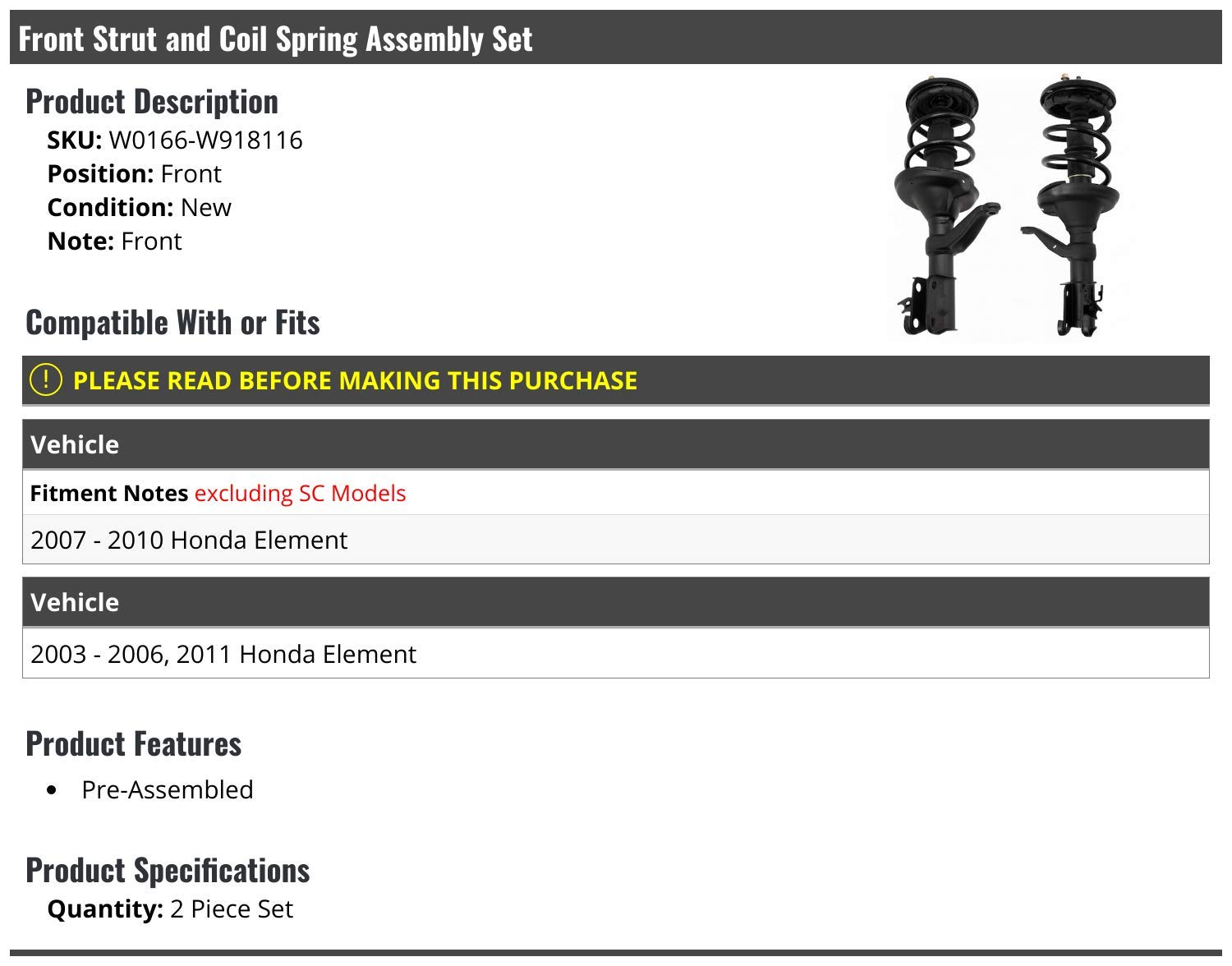 Honda Element Front Strut and Coil Spring Assembly (2003-2011) - Pair of 2 - Replacement Suspension Parts for Smoother Ride & Better Handling - Perfect for Off-Roading, Daily Commuting & Car Maintenance