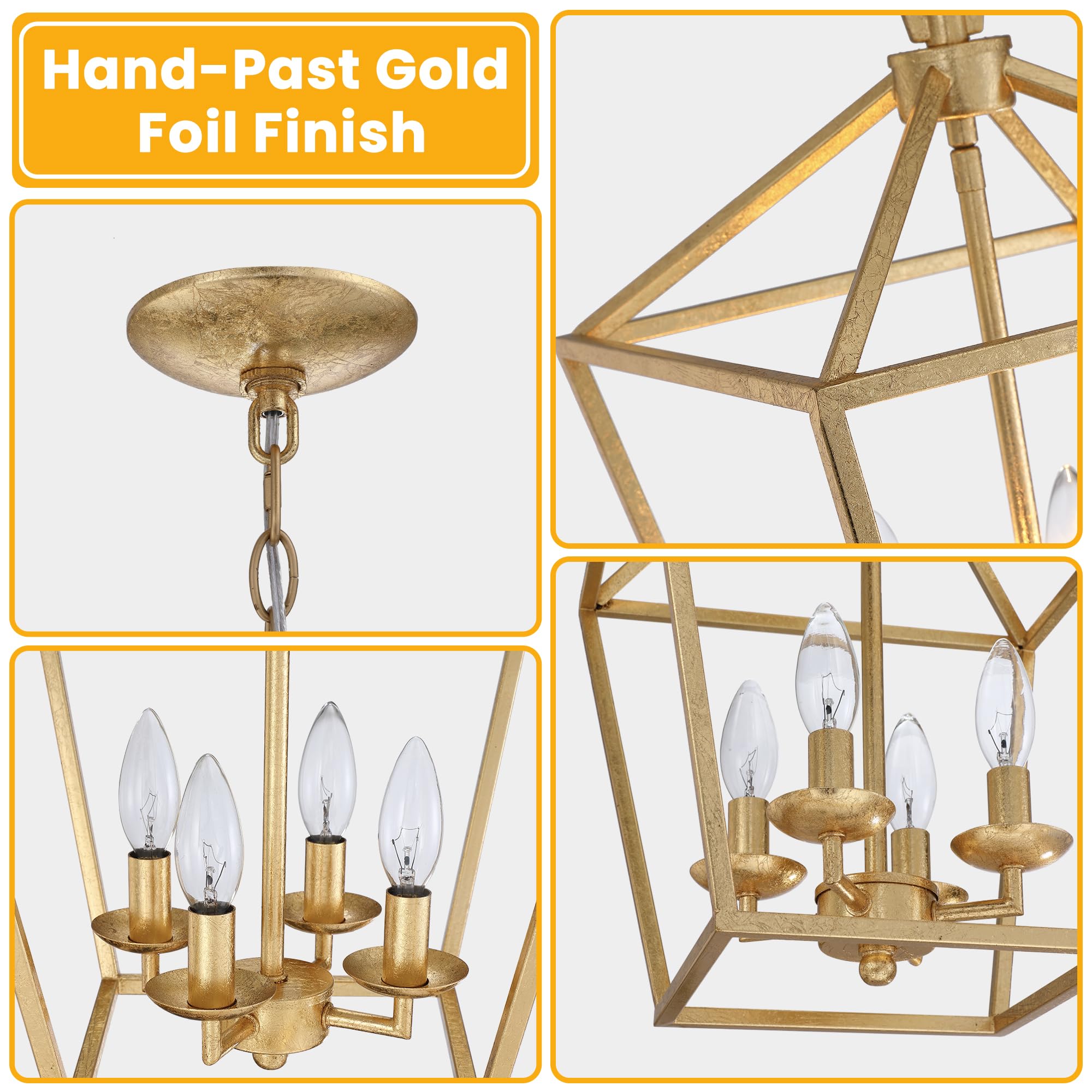 Untrammelife 4-Light Aged Gold Lantern Pendant Light - Adjustable Height Metal Geometric Chandelier with 12’’ Classic Cage Design & Hand-Pasted Gold Foil Finish - Perfect for Kitchen Island, Dining Room, Hallway, and Entryway Lighting