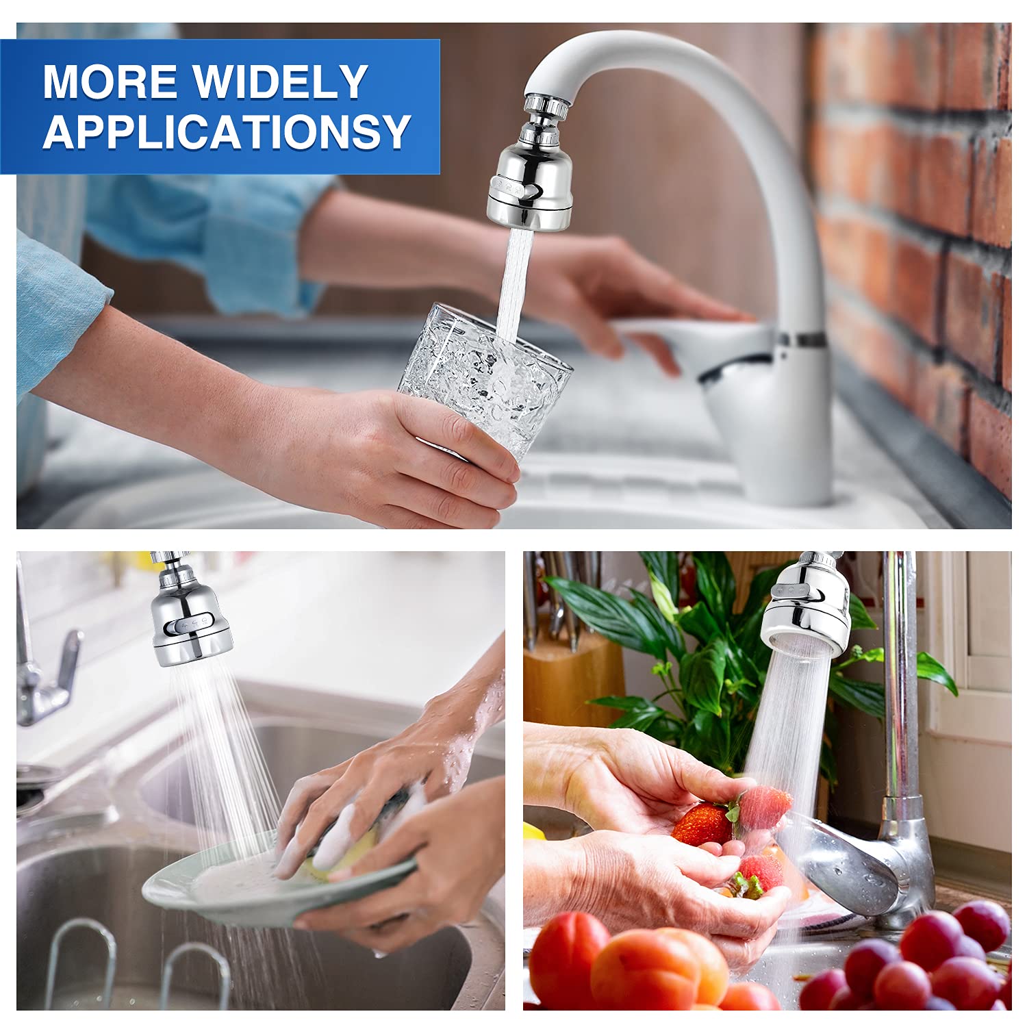 360° Rotating Faucet Sprayer Attachment - 3 Mode Adjustable Kitchen Sink Tap Head with Chrome Finish (2 Pack) | Water Saving Aerator Nozzle for Dishwashing, Vegetable Cleaning & Pet Bathing