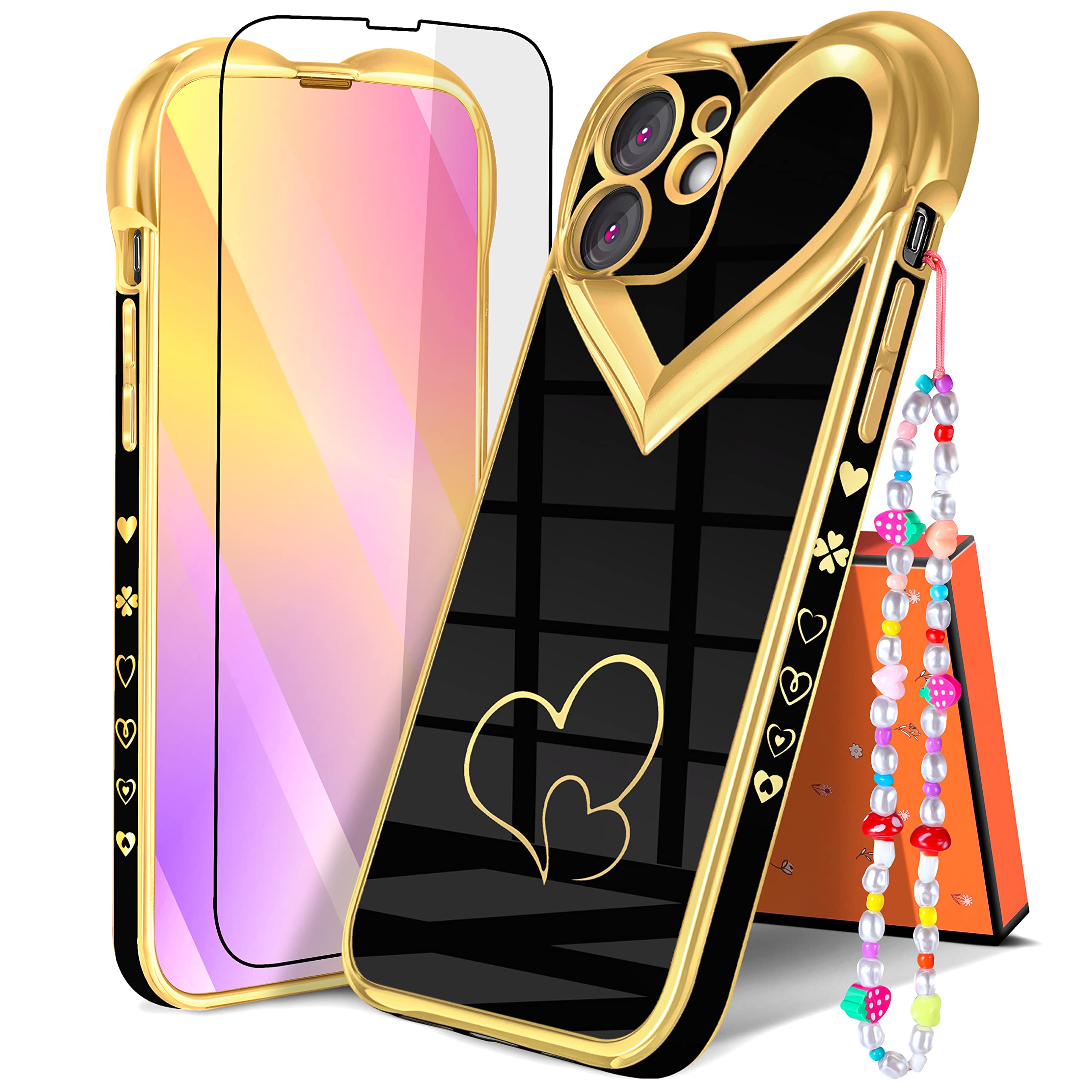3-in-1 Luxury Heart Pattern iPhone 12 Case for Women - Cute Aesthetic Black Love Heart Phone Cover with Chain & Screen Protector (6.1 Inch) - Perfect Gift for Girlfriend, Valentine's Day & Everyday Stylish Protection