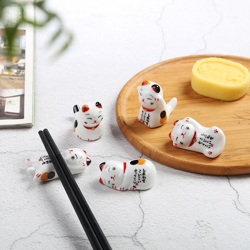 10Pcs Japanese Ceramic Chopstick Holders - Lucky Cat Bone Porcelain Chopstick Stands for Sushi, Asian Dining & Home Decor - Cute Small Ornaments for Kitchen & Table Setting