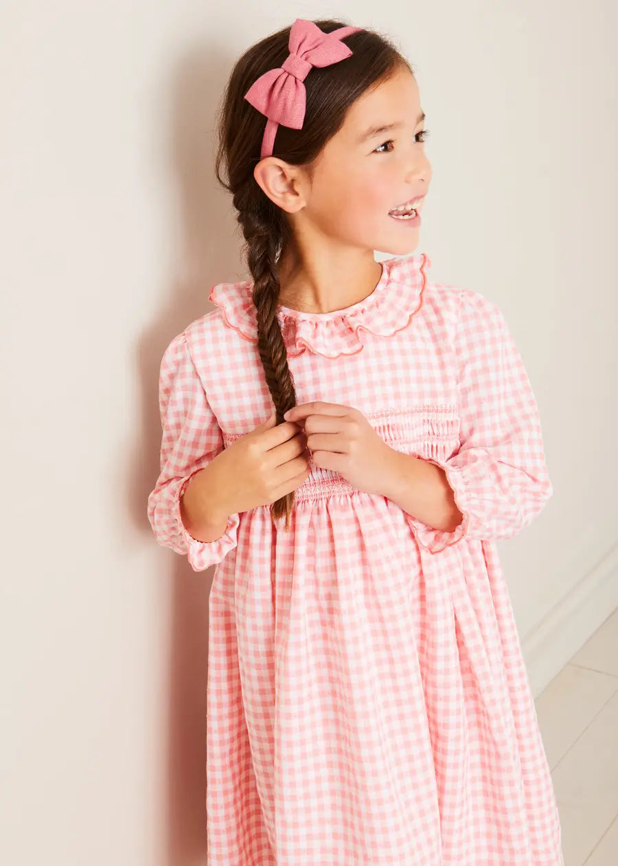 Gingham Smocked Ruffle Collar Long Sleeve Dress for Girls (12 Months - 10 Years) | Coral Floral Print | Perfect for Spring Photoshoots, Easter & Birthday Parties
