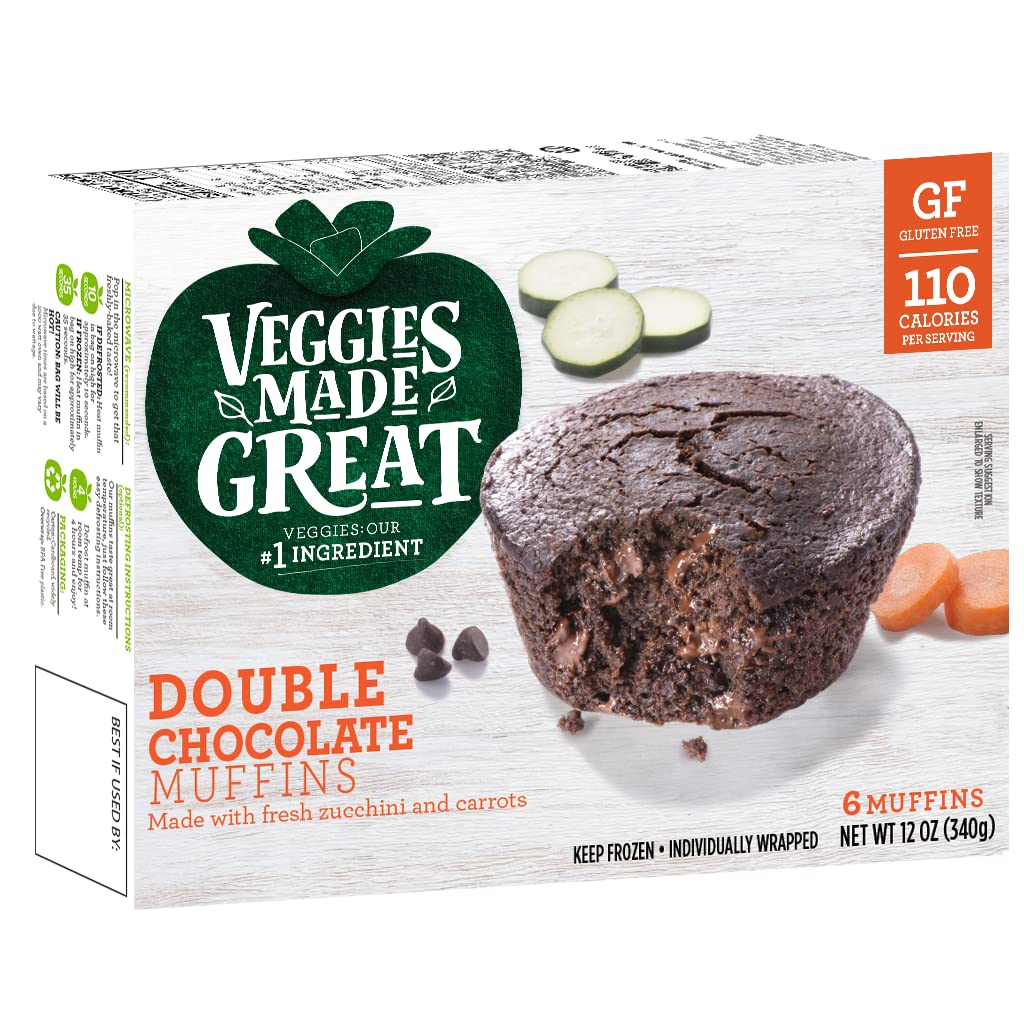 Garden Lites Double Chocolate Muffins with Veggies - 6 Pack (12 oz, Frozen) | Healthy Breakfast & Snack for Kids & Adults | Perfect for School Lunches & Quick Bites