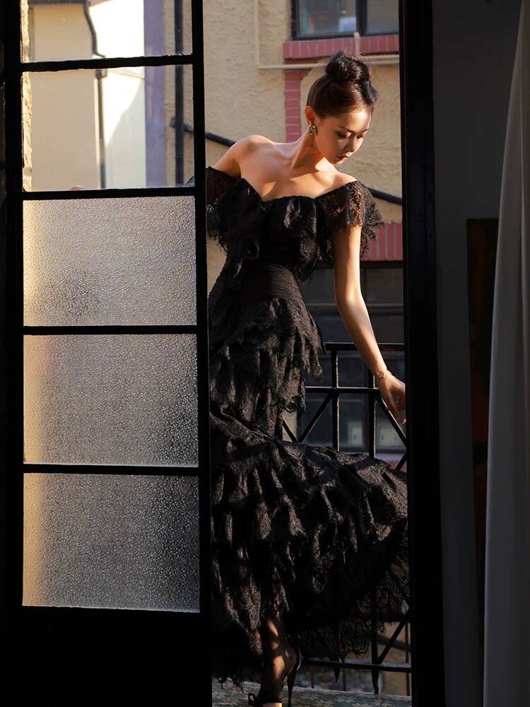 Elegant Off Shoulder Black Lace Prom Dress with High Slit - Formal Evening Gown J4793 for Homecoming, Wedding Guest & Special Occasions