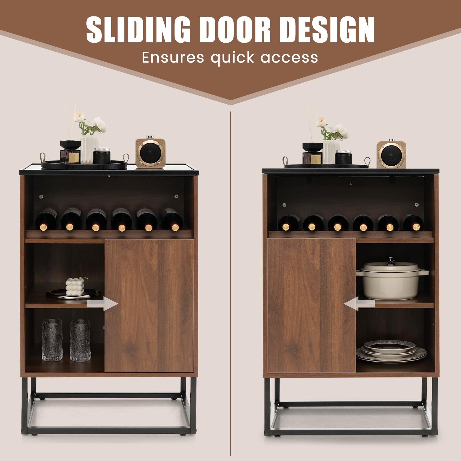 Giantex Wine Bar Cabinet with Tempered Glass Top - Freestanding Sideboard Buffet with Adjustable Feet, Shelf & Sliding Door - Perfect for Living Room, Dining Room, Kitchen & Home Bar Storage